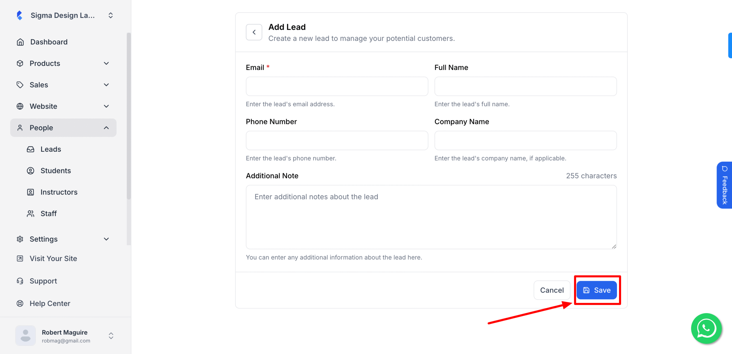 save button for adding lead to klasio