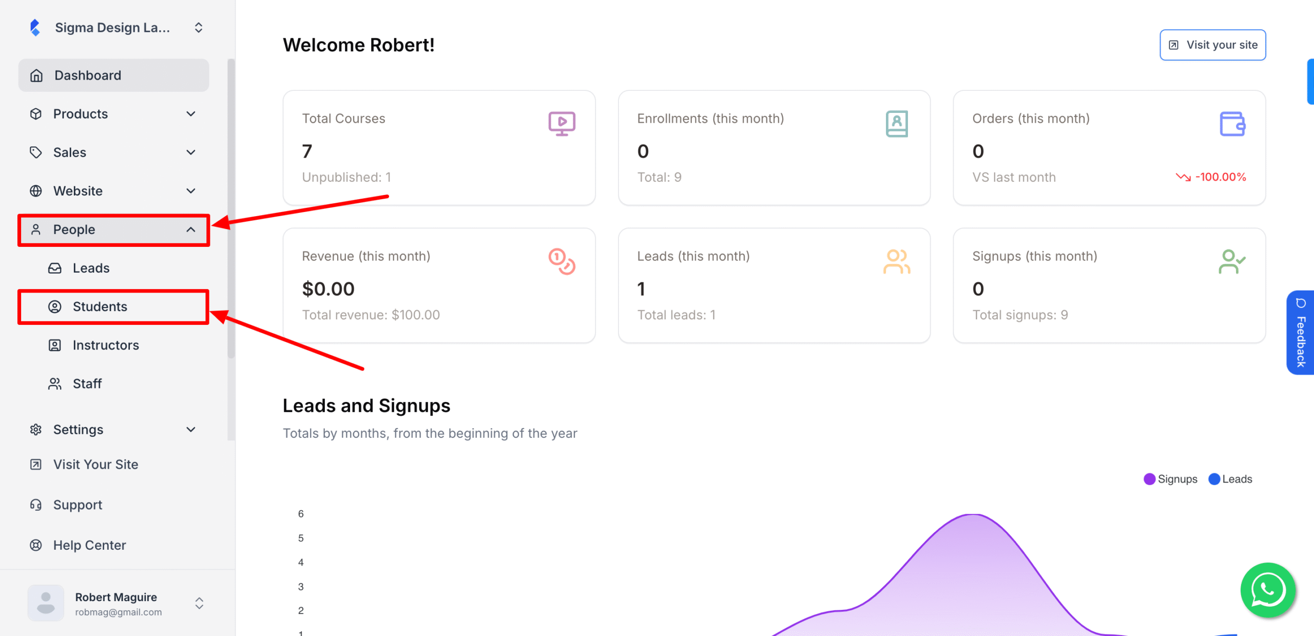 This image is a screenshot of Klasio navigation menu with the Students tab under People in highlight.