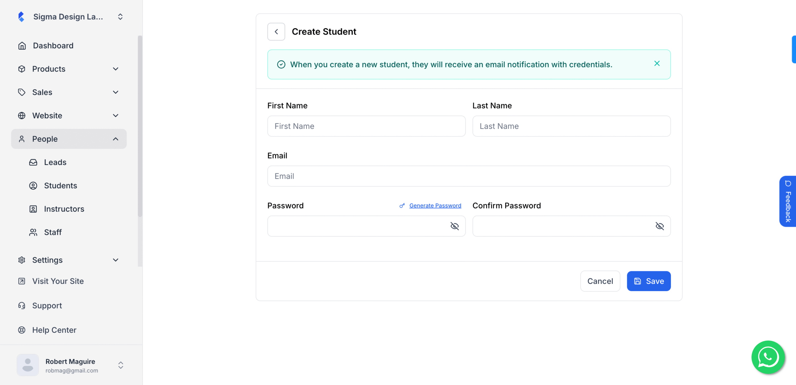 This image is a screenshot of Klasio New Student profile creation pop up with the option to insert student first name and last name in highlight.