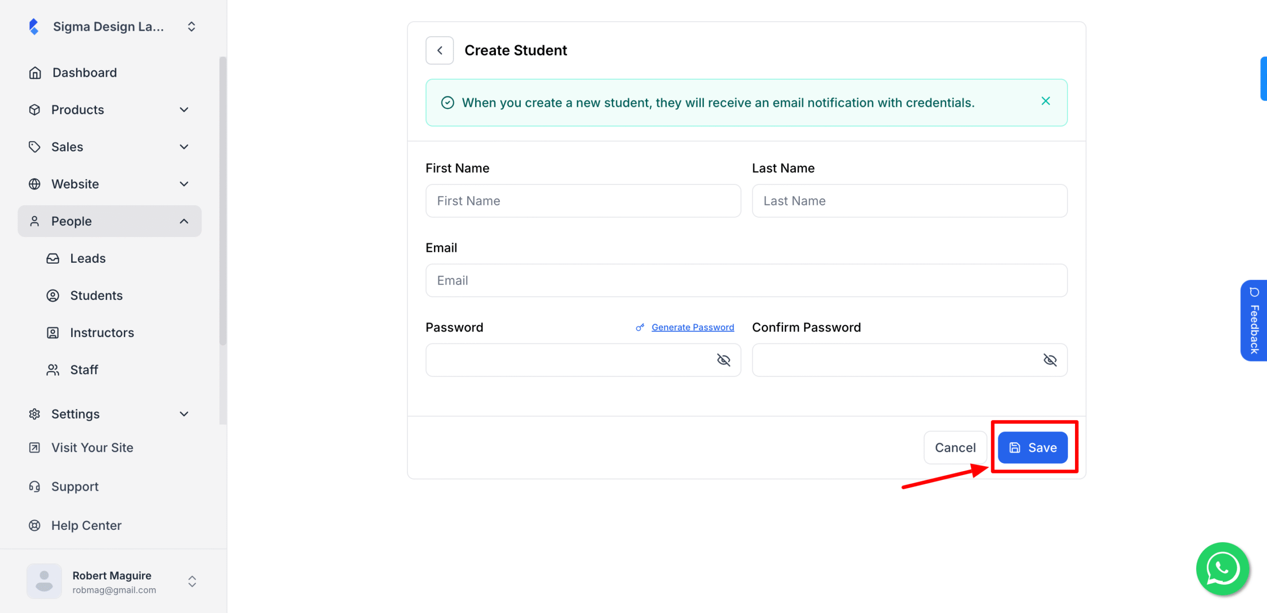 save button on saving student to klasio