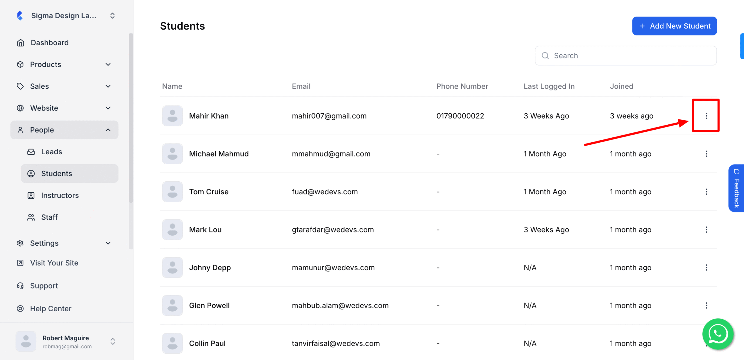 This image is a screenshot of Klasio Students tab with the three dots beside a particular student in highlight.