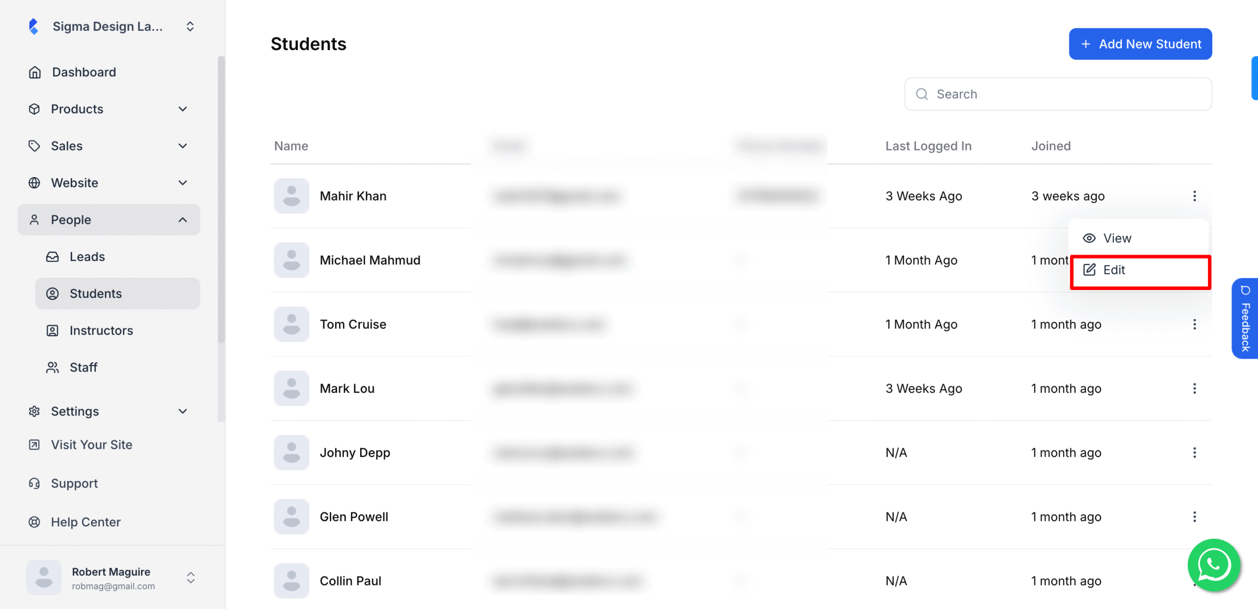 This image is a screenshot of Klasio Students tab with the option to edit student info in highlight.