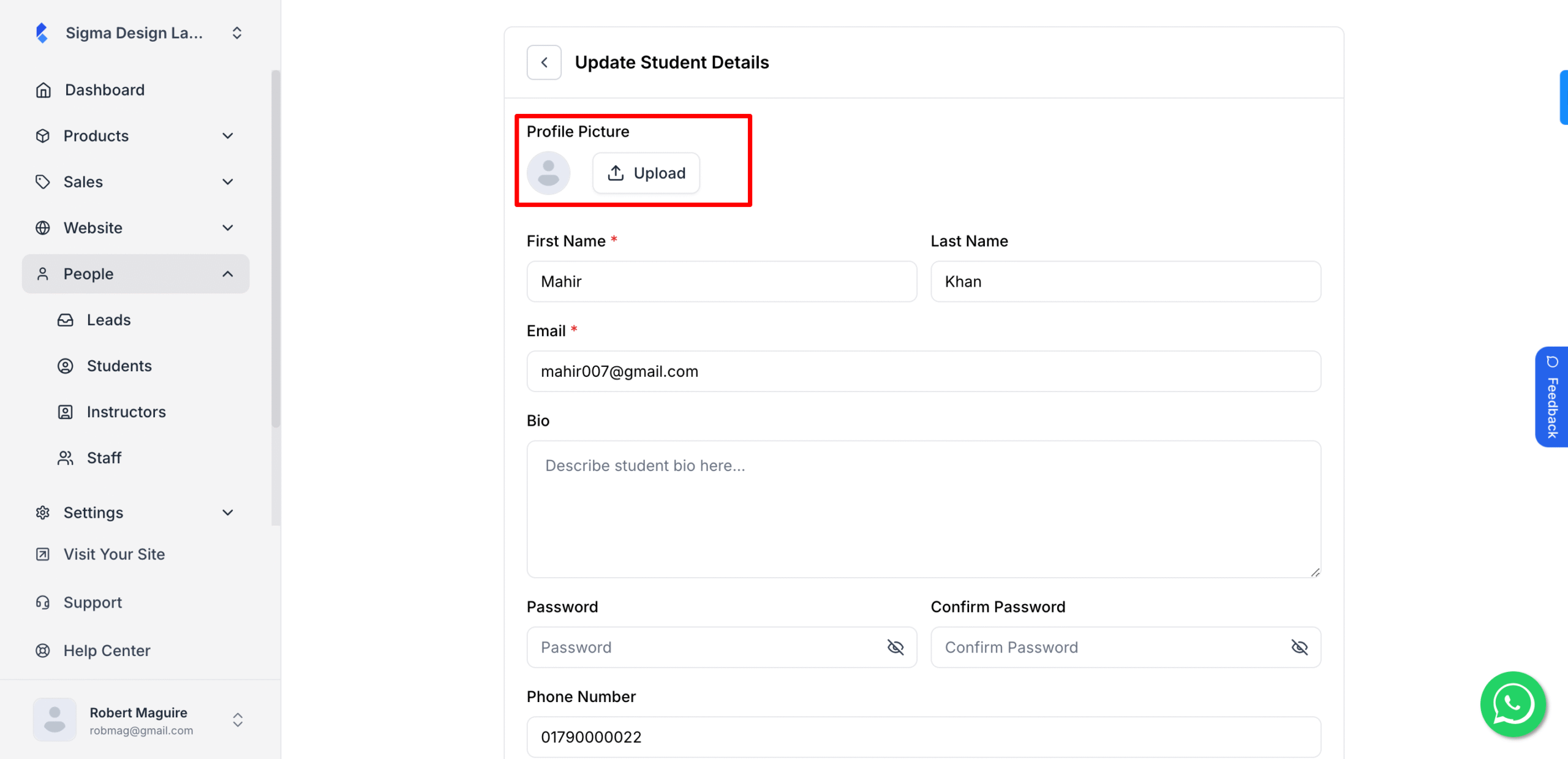 This image is a screenshot of Klasio Students information form with the upload button in highlight.