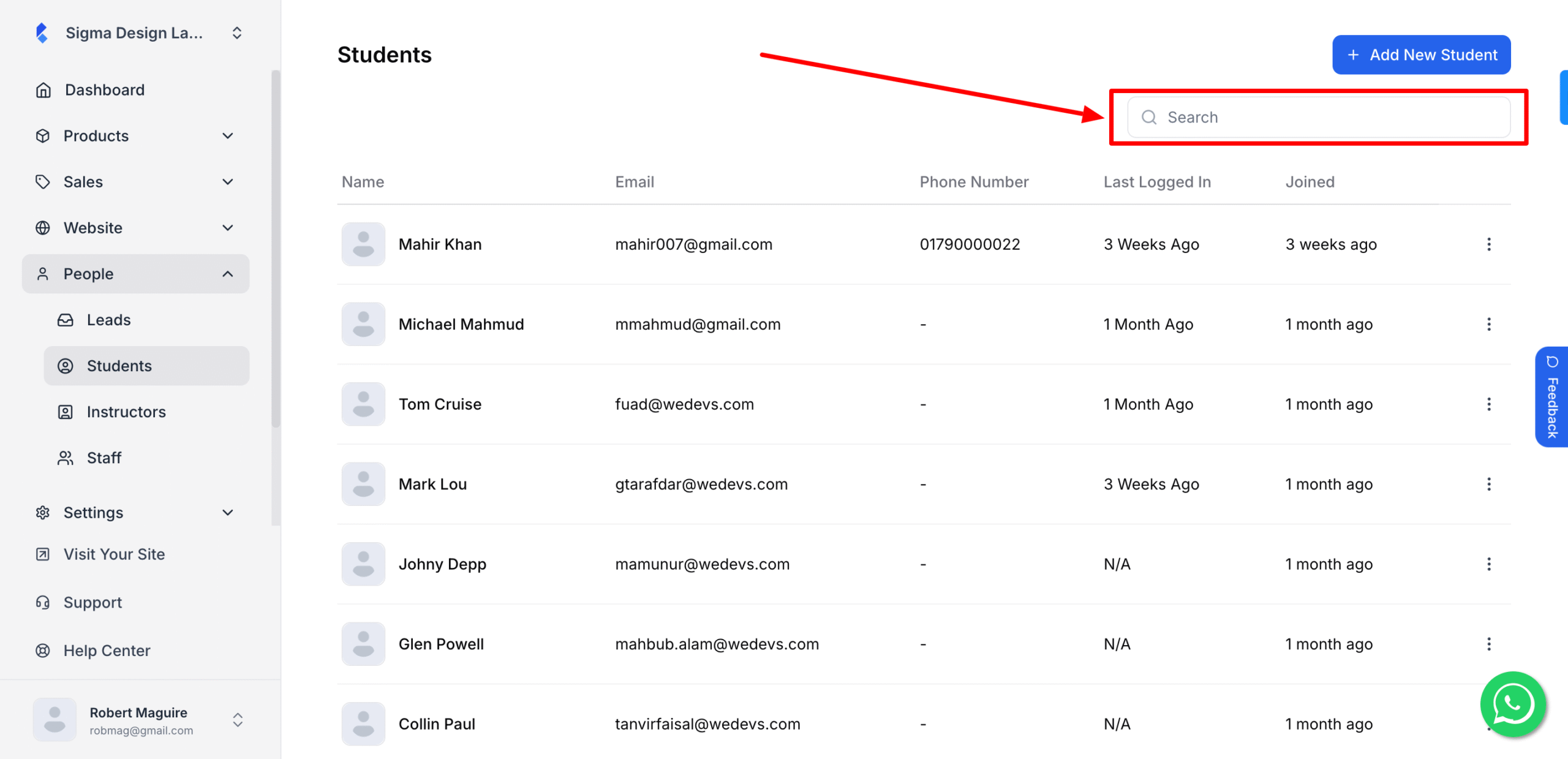 This image is a screenshot of Klasio Students tab with the search option in highlight.