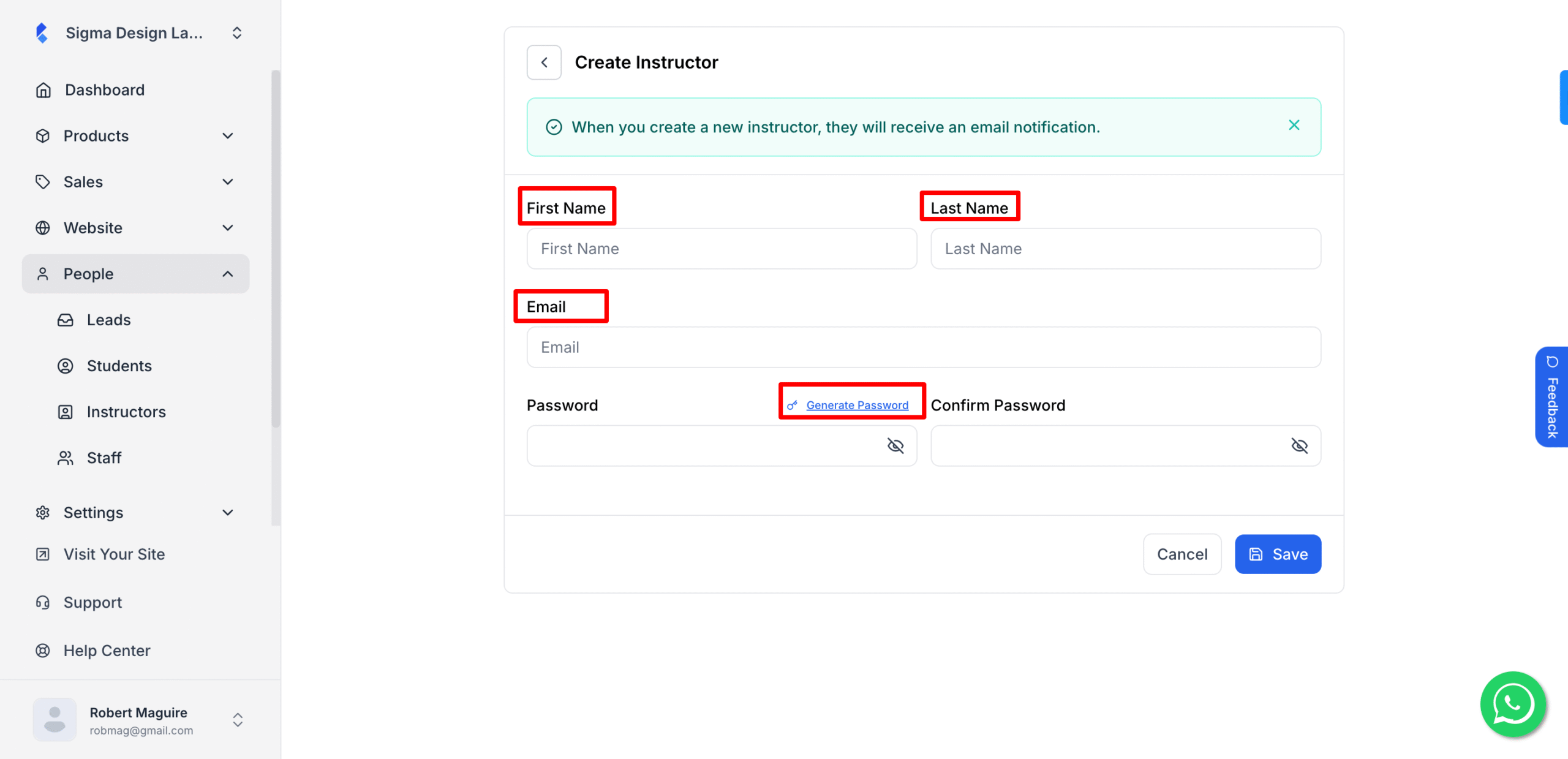 This image is a screenshot of Klasio New Instructor profile creation pop up with the option to insert instructor first name and last name in highlight.
