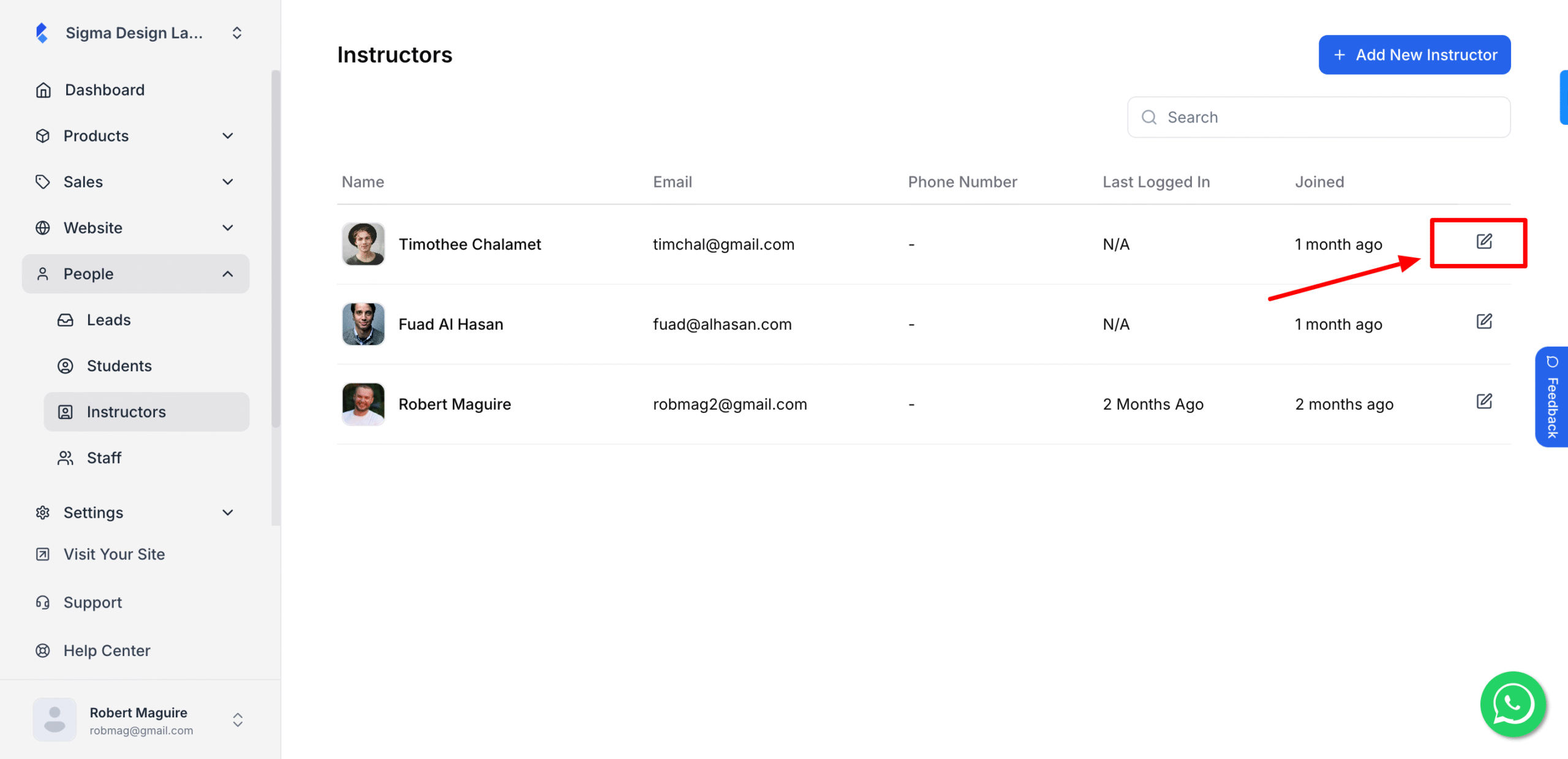 This image is a screenshot of Klasio Instructors tab with the edit button beside a particular instructor in highlight.