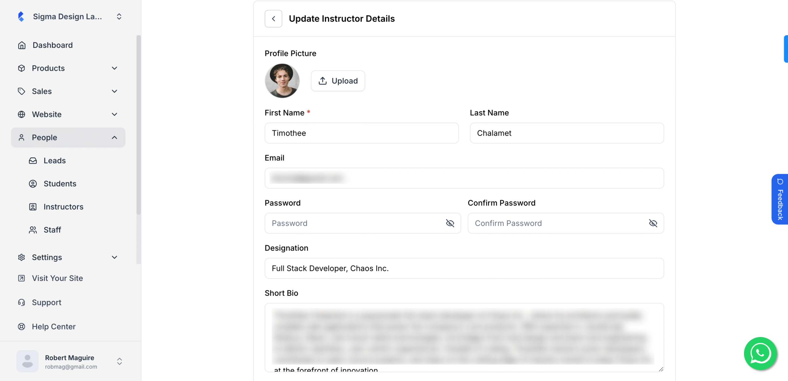 This image is a screenshot of Klasio Instructor's information form.