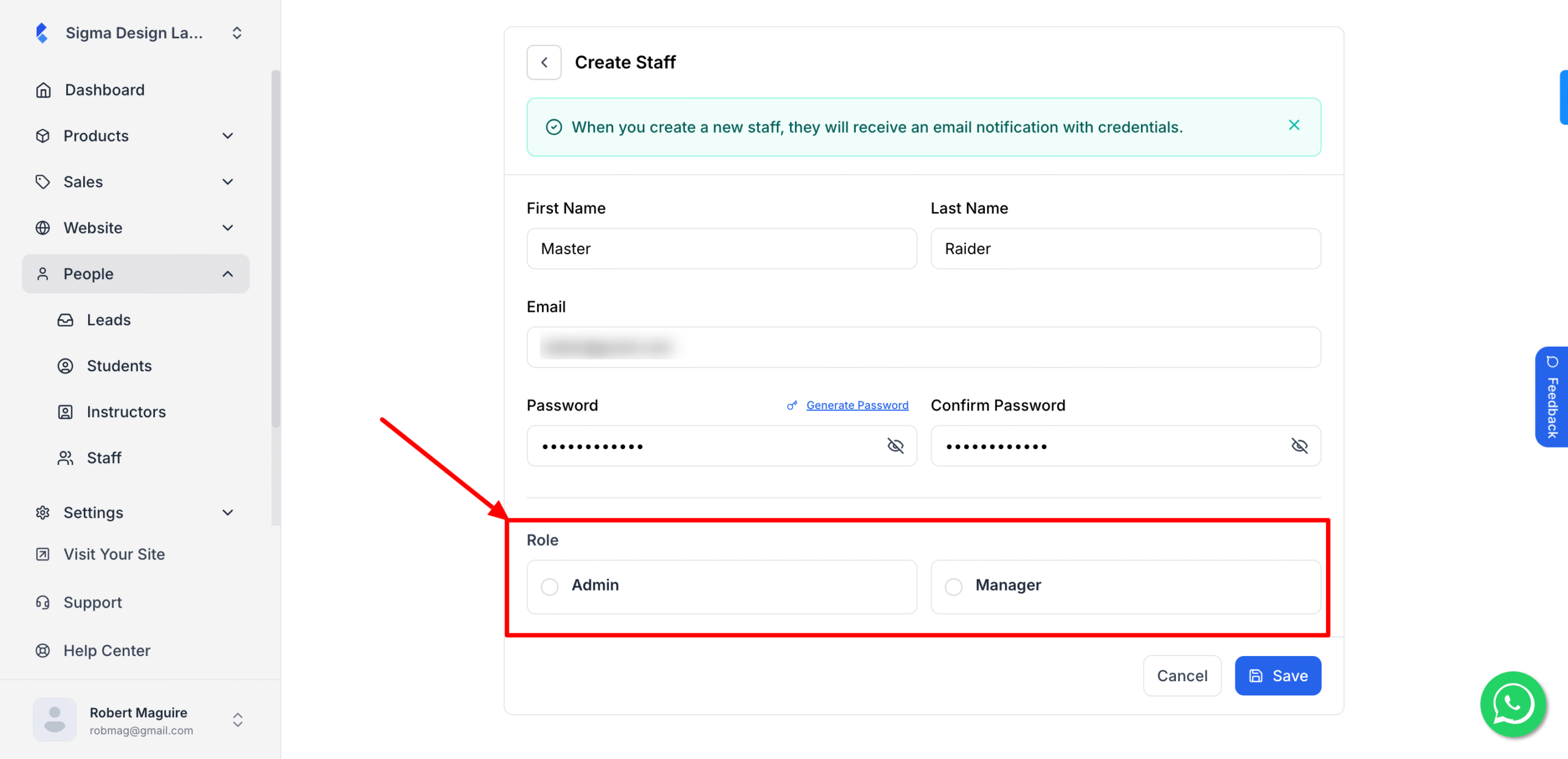 This image is a screenshot of Klasio New Staff profile creation pop up with the option to select Staff role in highlight.