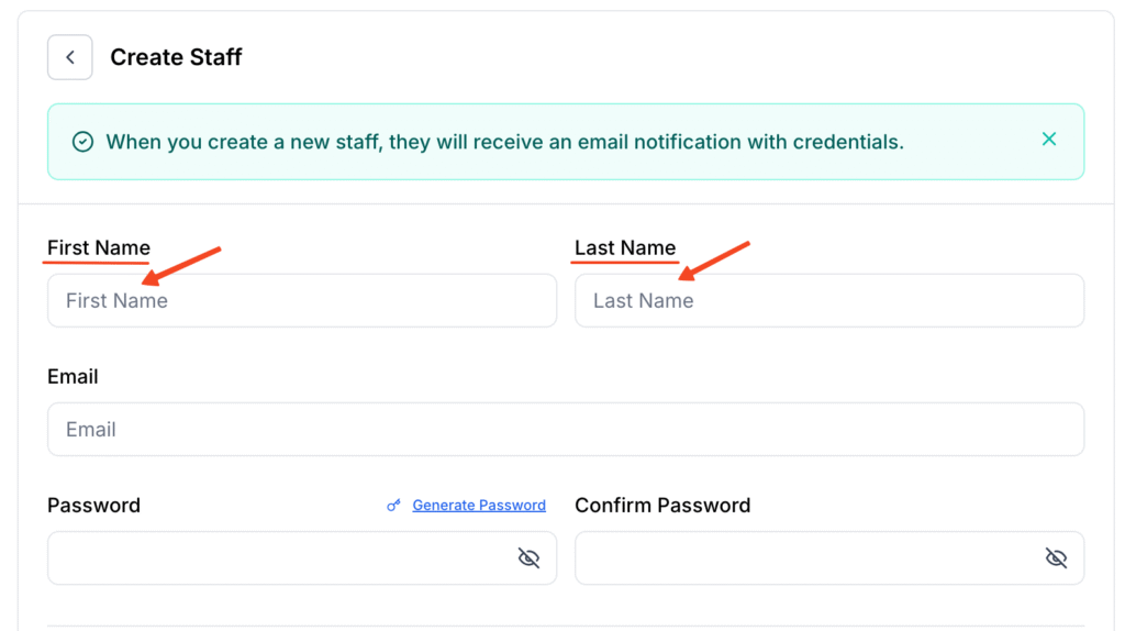 This image is a screenshot of Klasio New Staff profile creation pop up with the option to insert Staff first name and last name in highlight.