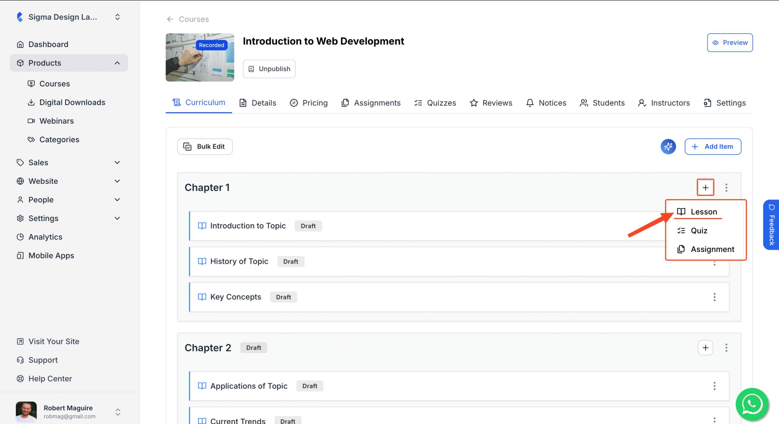 This image is a screenshot of Klasio course curriculum editing screen with the option under the + button under a specific chapter in highlight.