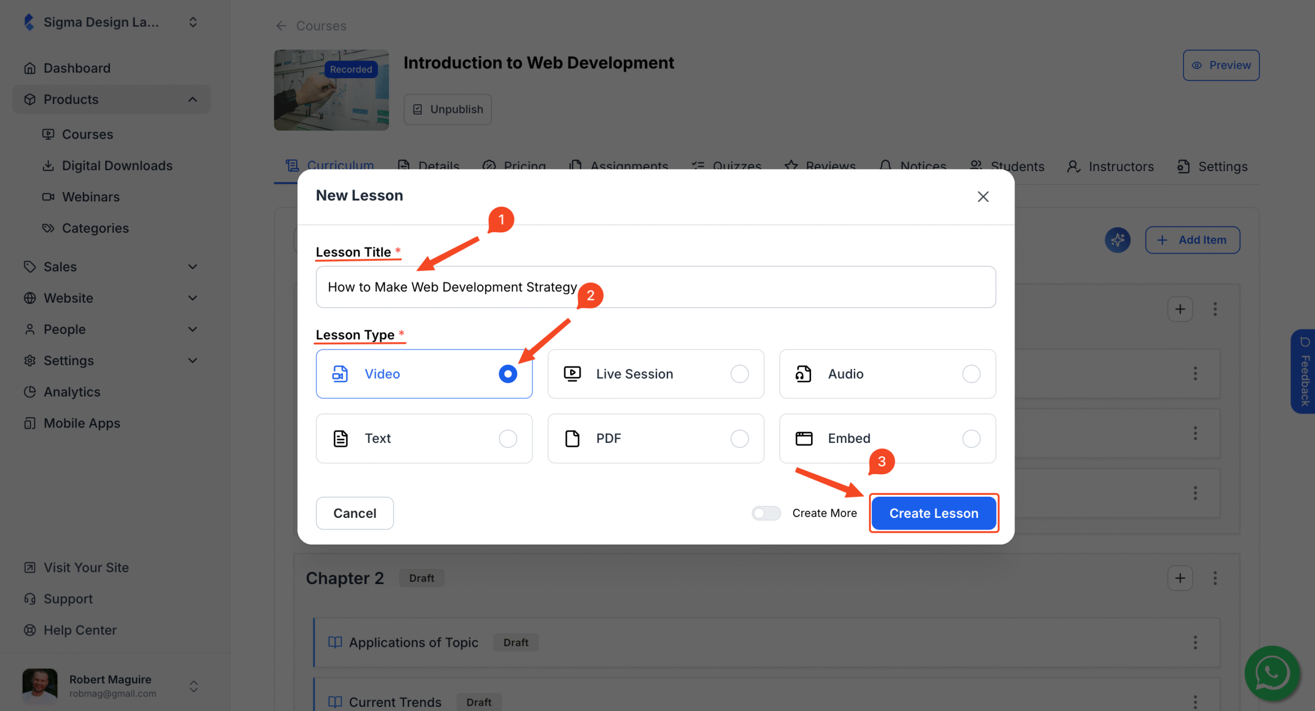 This image is a screenshot of Klasio new lesson creation pop up with 'Lesson Title', 'Type' and 'Create Lesson' button in highlight.