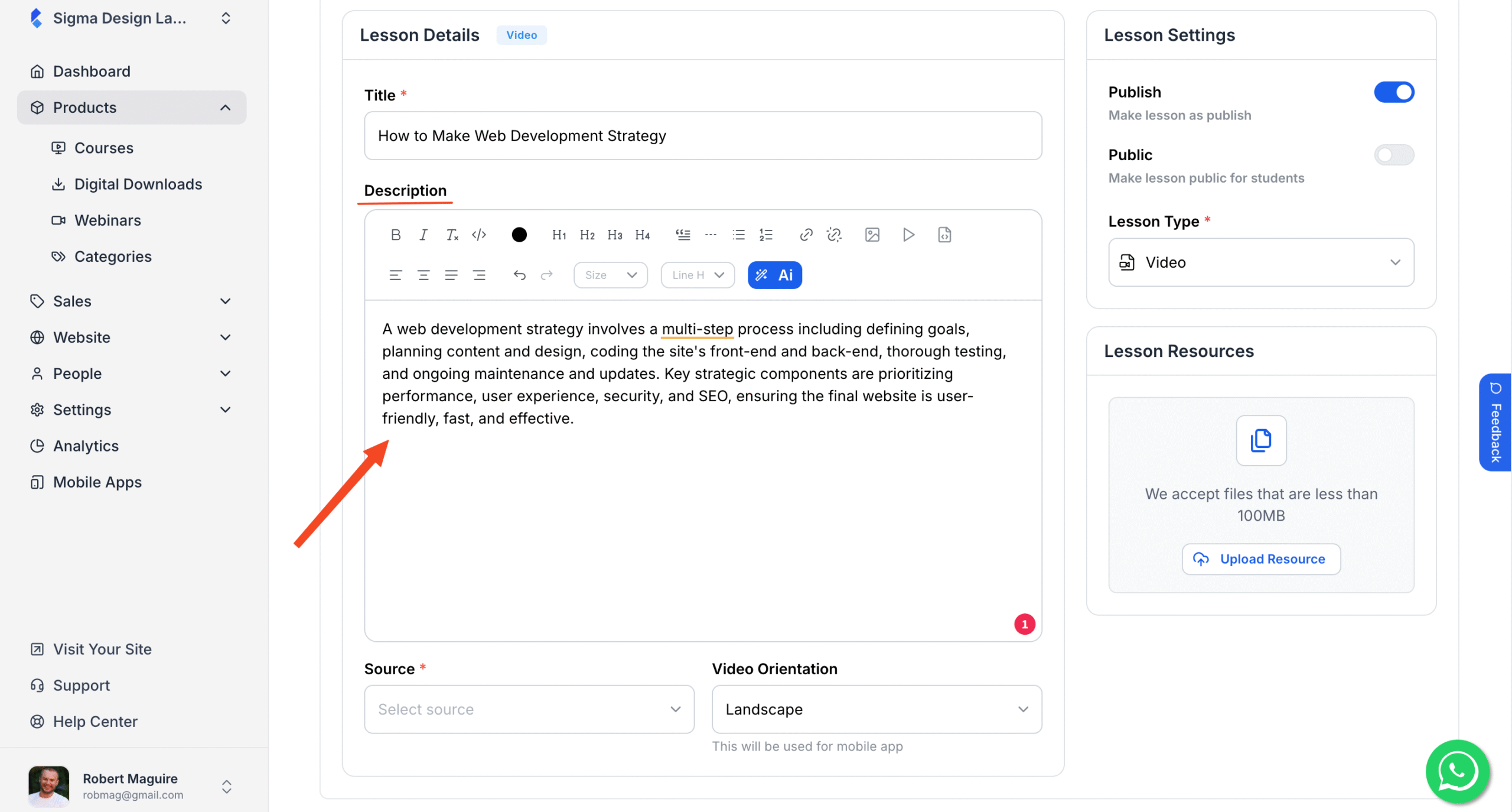 This image is a screenshot of Klasio new lesson creating screen with 'Description' in highlight.