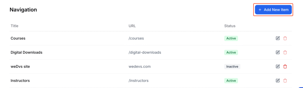 This image is a screenshot of Klasio Navigation tab under Website menu with Add New Item button in highlight.