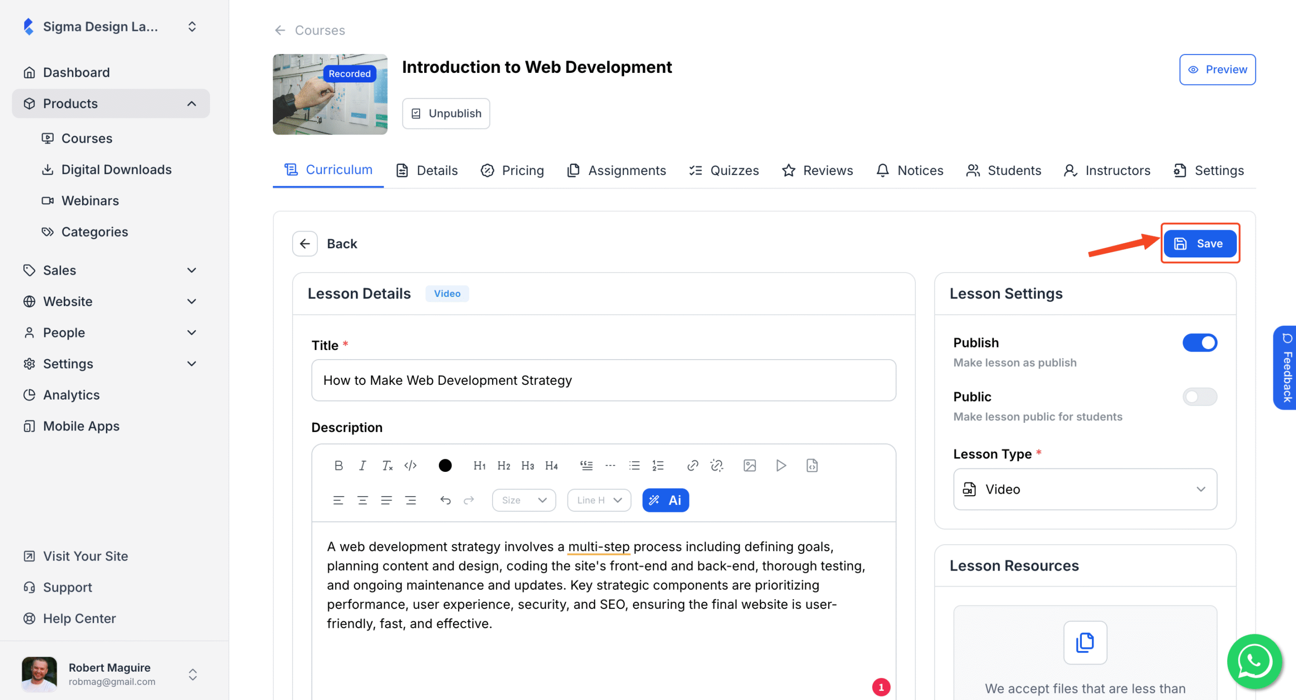 This image is a screenshot of Klasio new lesson creating screen with the 'Save' in highlight.