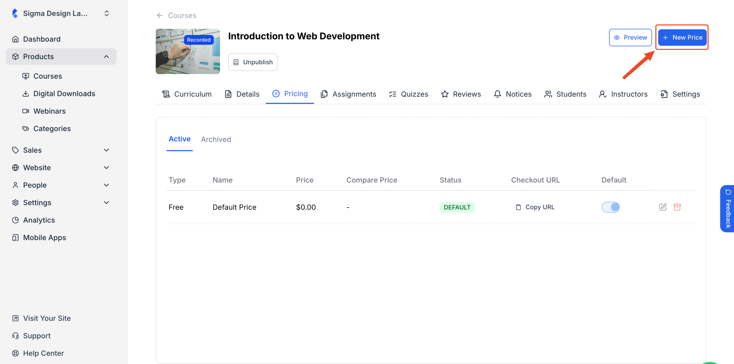 This image contains the screenshot of Klasio course pricing managing option with New Price button in highlight.