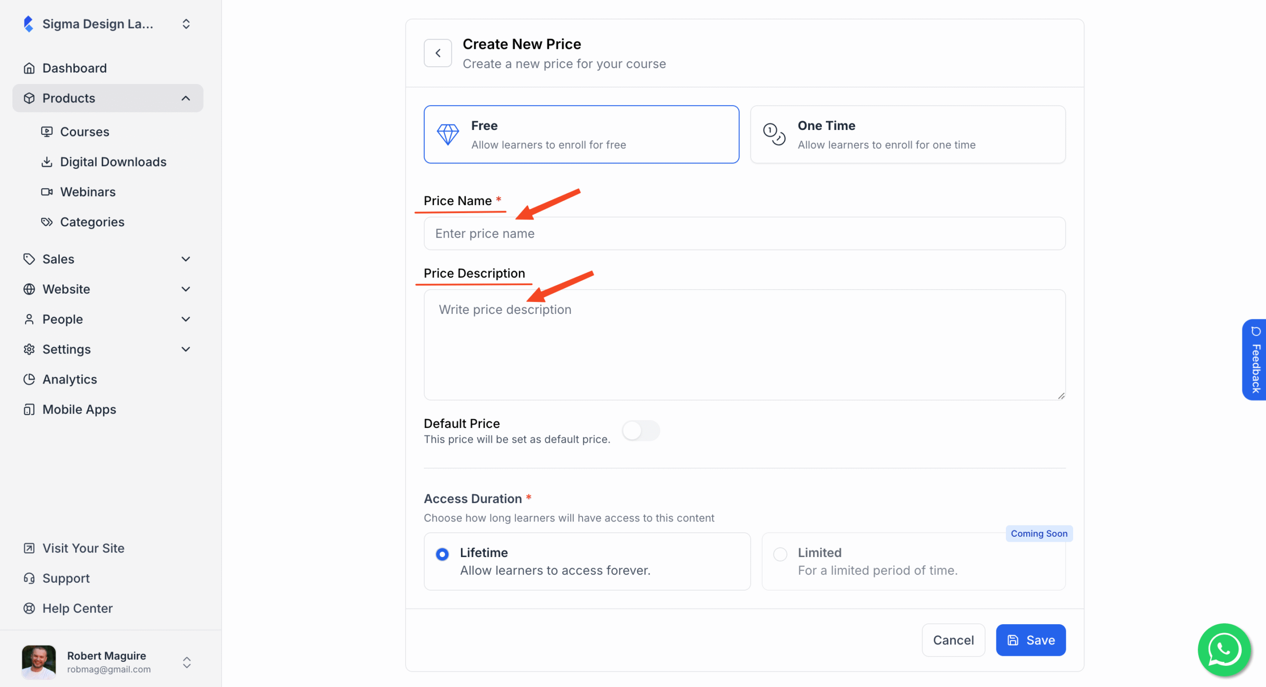 This image contains the screenshot of Klasio course price editing menu with Price Name and Price Description in highlight.