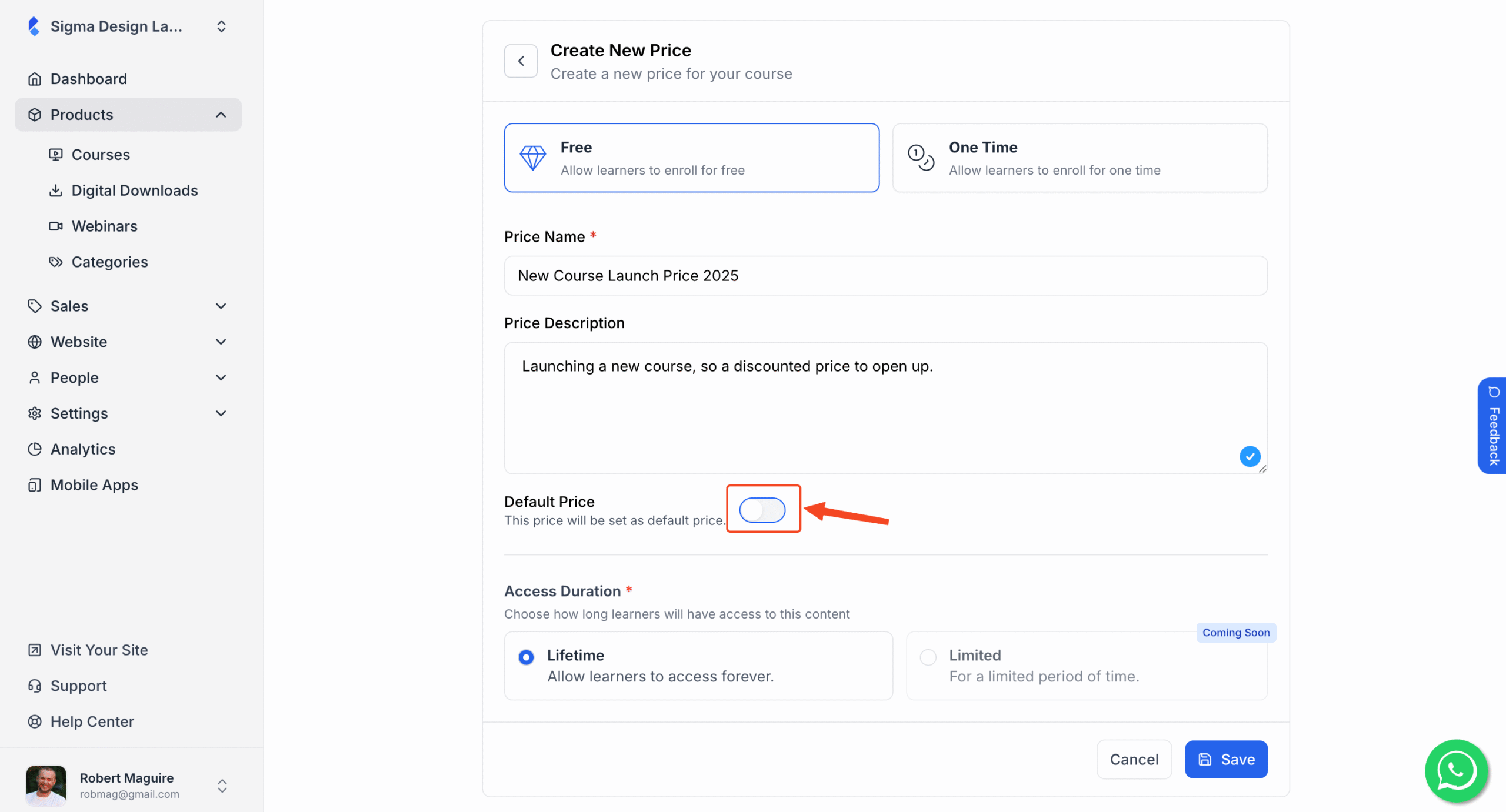 This image contains the screenshot of Klasio course price editing menu with Default Price toggle in highlight.