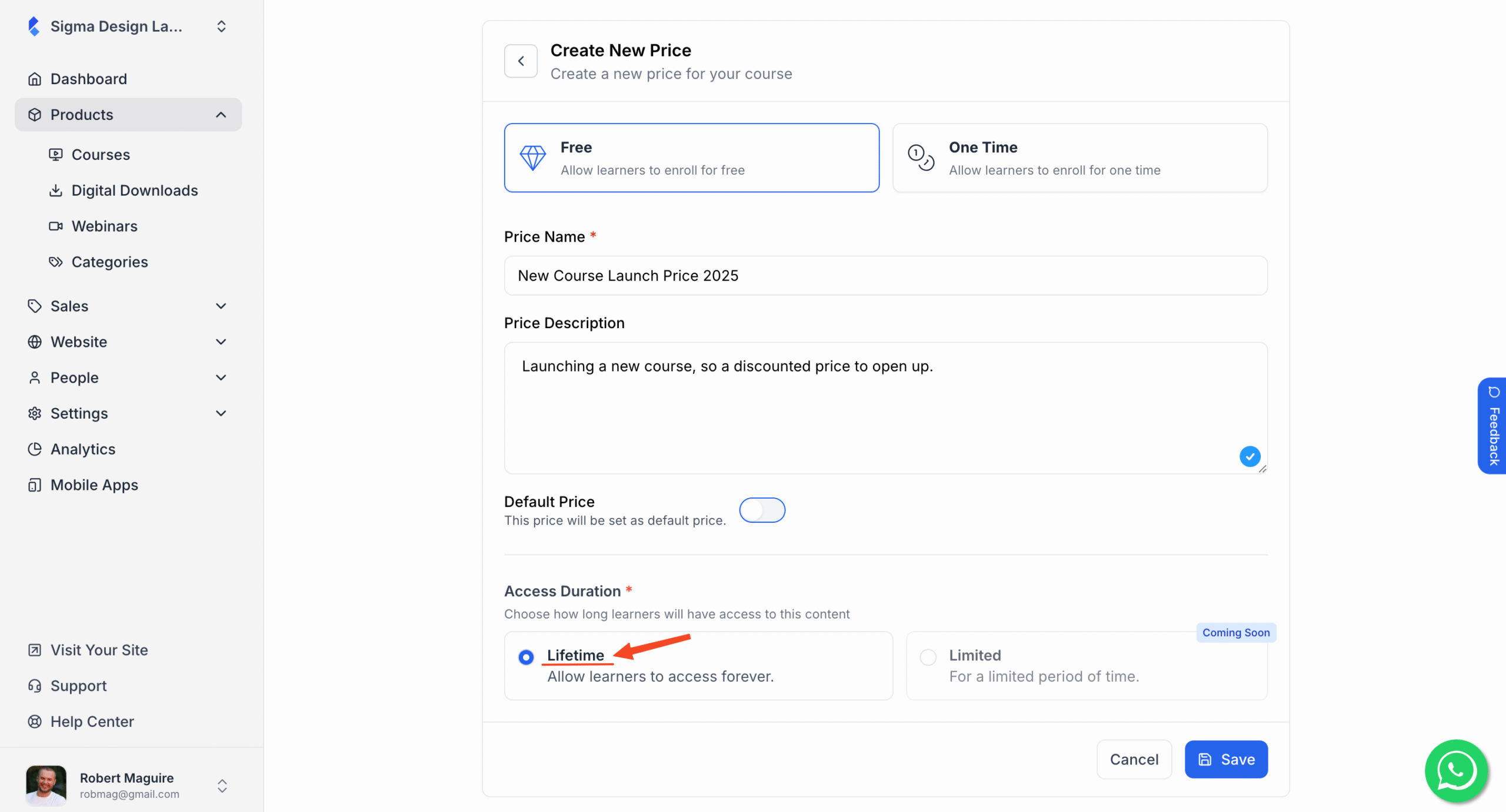 This image contains the screenshot of Klasio course price editing menu with Access Duration in highlight.