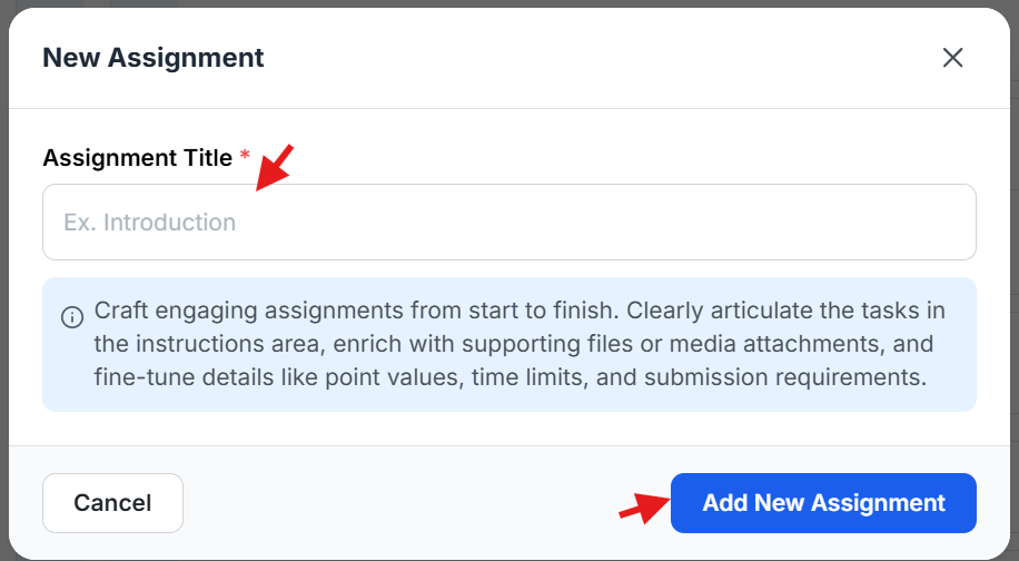 This image is a screenshot of Klasio course curriculum editing window with the option to insert Assignment title in highlight