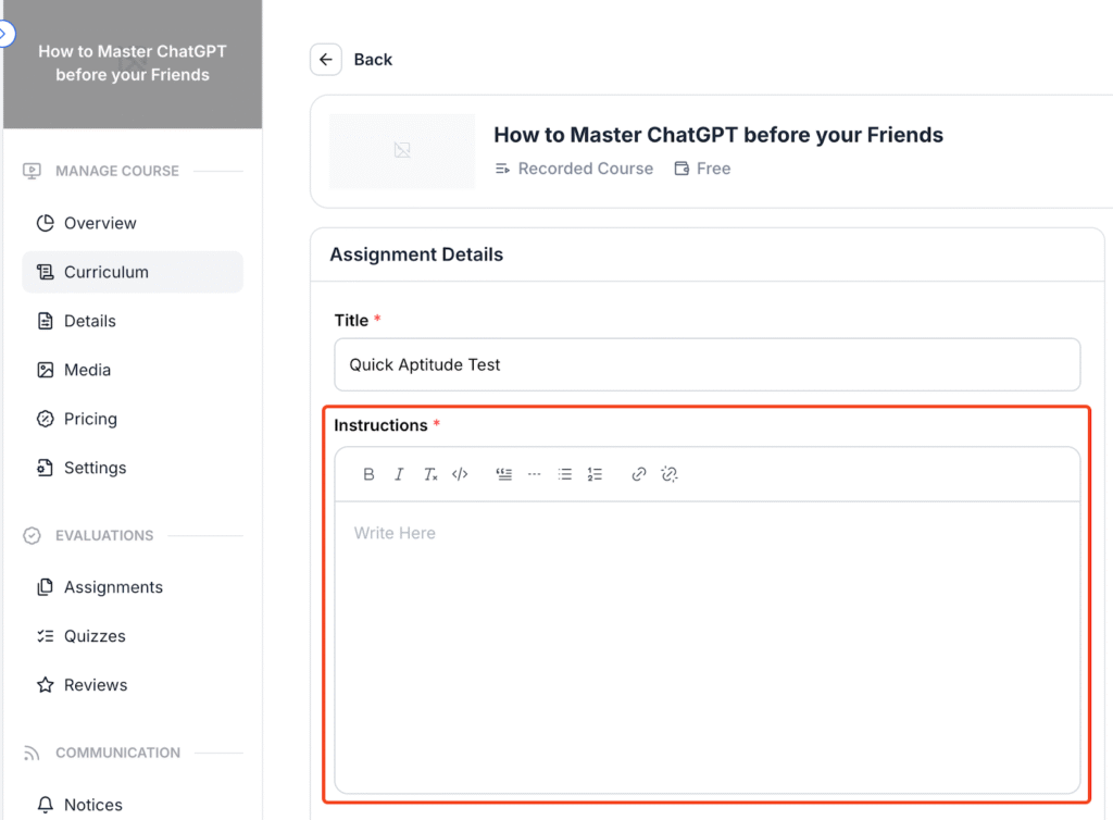 This image is a screenshot of Klasio New Assignment Creation window with the option to insert Assignment instructions in highlight