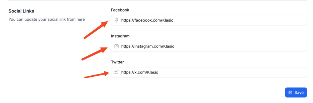 This image is a screenshot of Site Settings tab under Klasio Website menu with the option to insert social links in highlight.