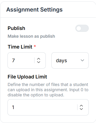 This image is a screenshot of Klasio New Assignment Creation window with the option to configure assignment settings in highlight