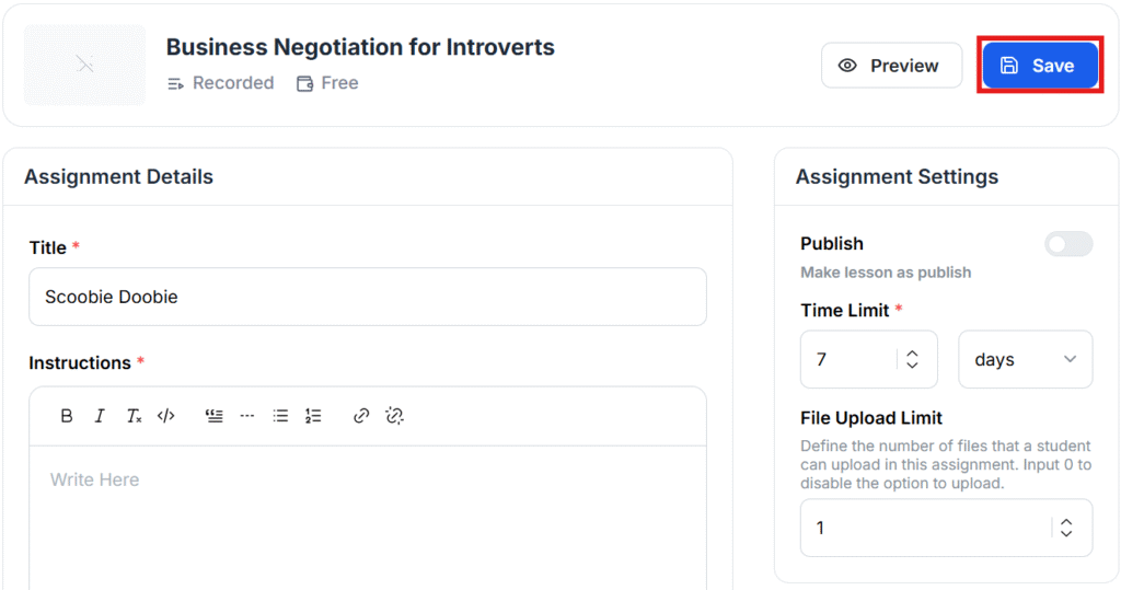 This image is a screenshot of Klasio New Assignment Creation window with 'Save' button in highlight