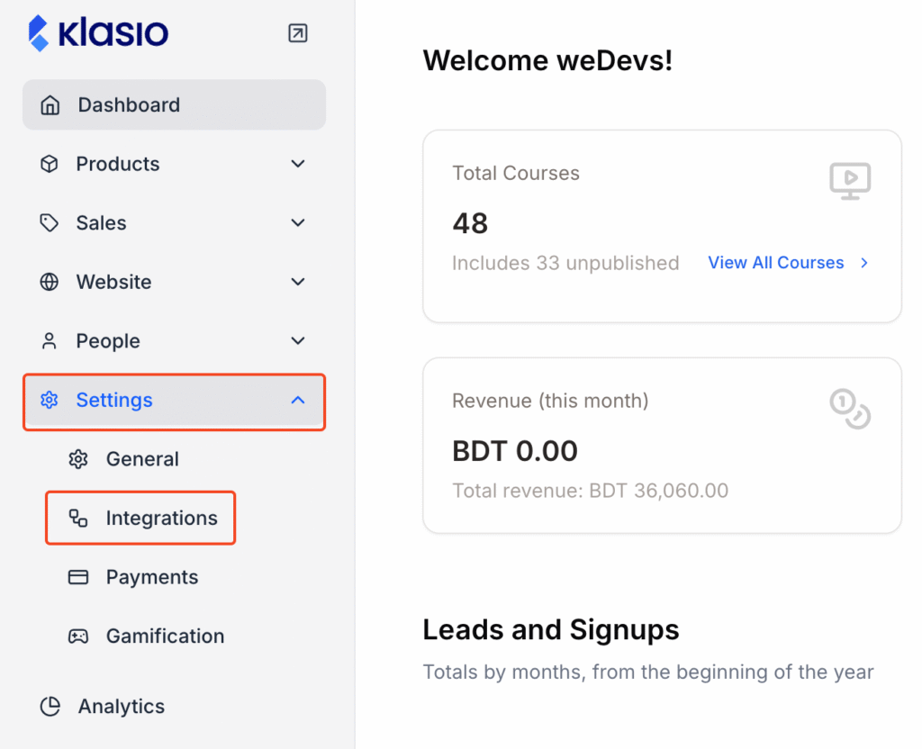 This image is a screenshot of Klasio admin dashboard, the Integrations tab under settings menu in highlight.