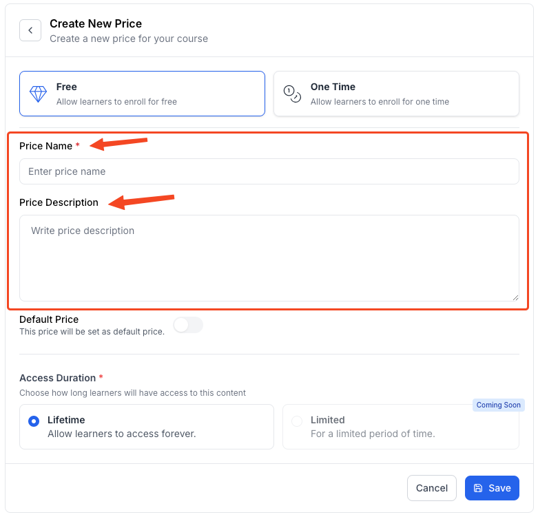This image contains the screenshot of Klasio course price editing menu with Price Name and Price Description in highlight.