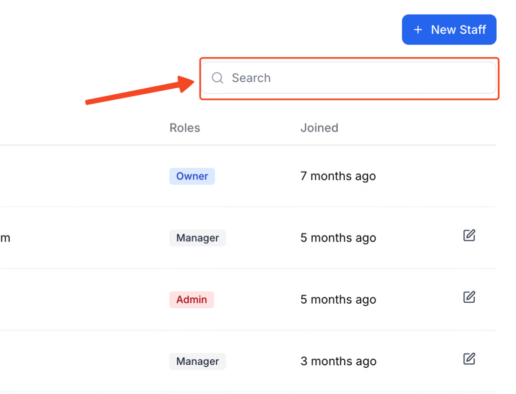 This image is a screenshot of Klasio Staff tab with the search option in highlight.
