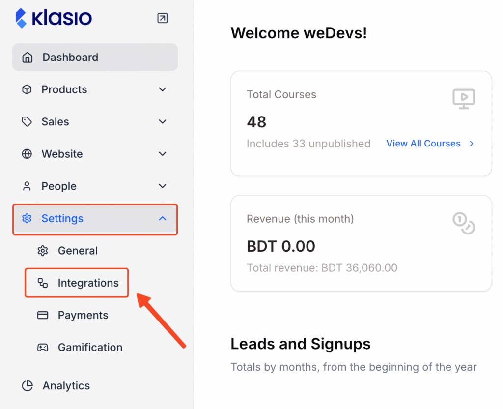 This image is a screenshot of Klasio admin dashboard with the Integrations tab in highlight.