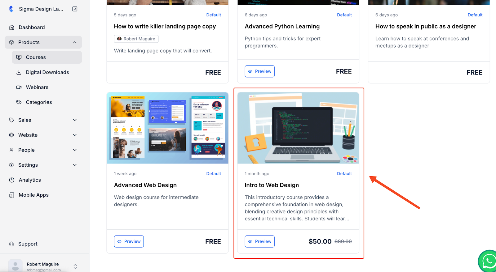 Klasio Courses tab with all the published and draft courses.