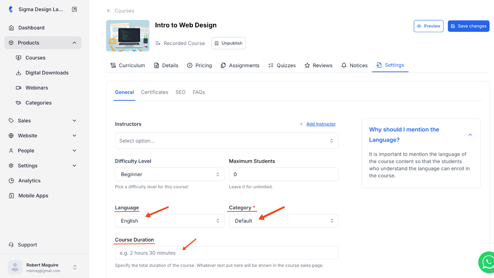 Klasio Course settings window with the option to change language, category, course duration in highlight.
