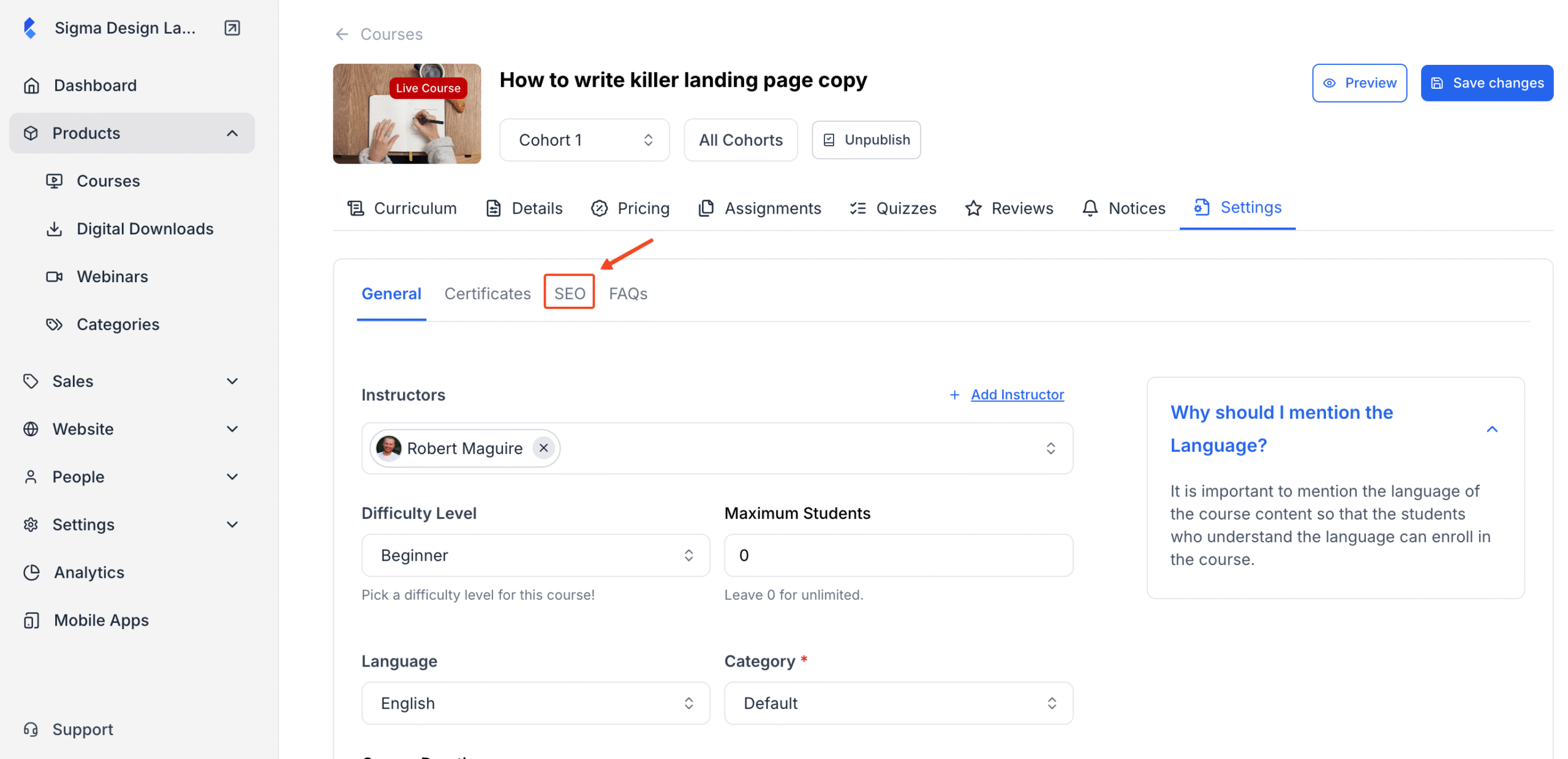 Screenshot of Settings window with the SEO tab in highlight.