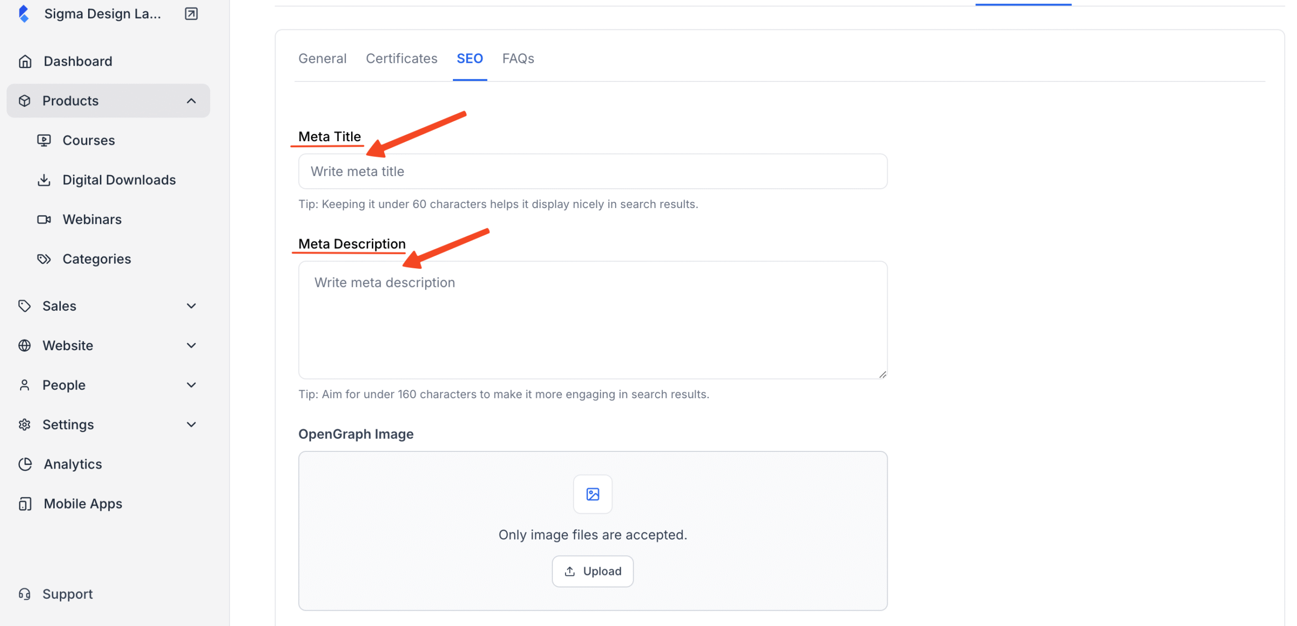 Screenshot of SEO tab under Course Settings with the option to add Meta Title and Meta Description in highlight.