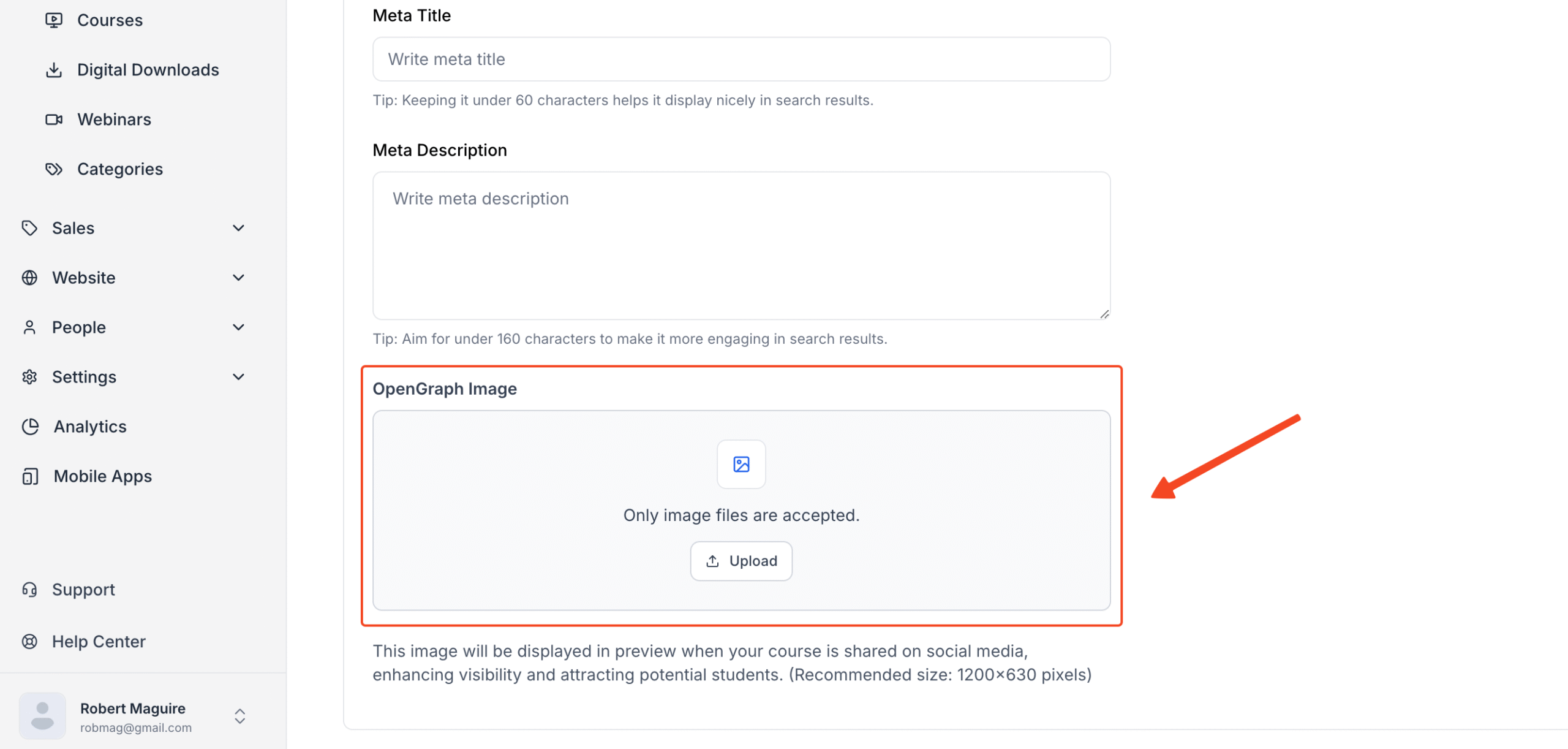 Screenshot of SEO tab under Course Settings with the Open Graph image input option in highlight.