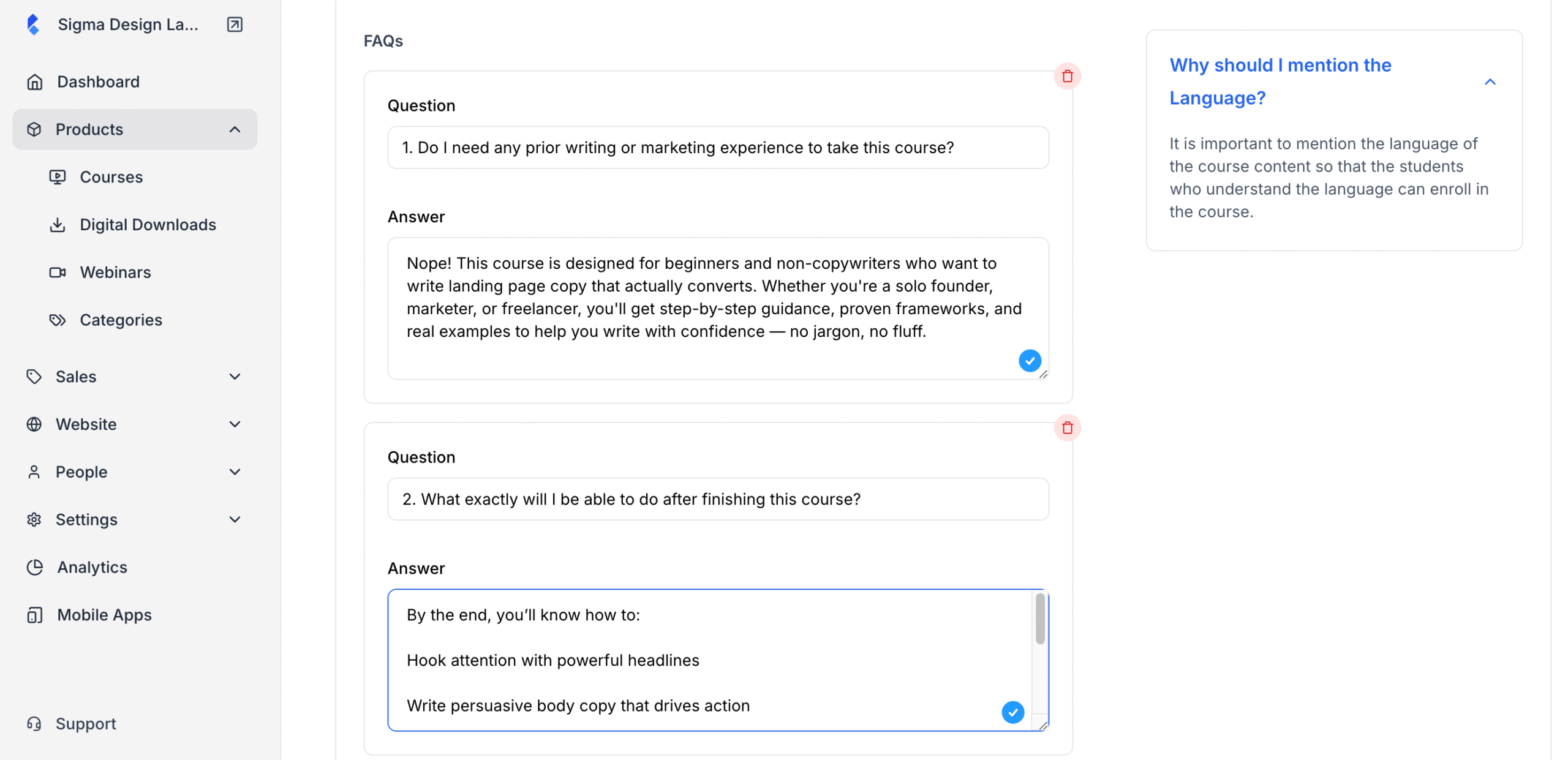 Screenshot of FAQ setup window under course settings with multiple FAQ questions