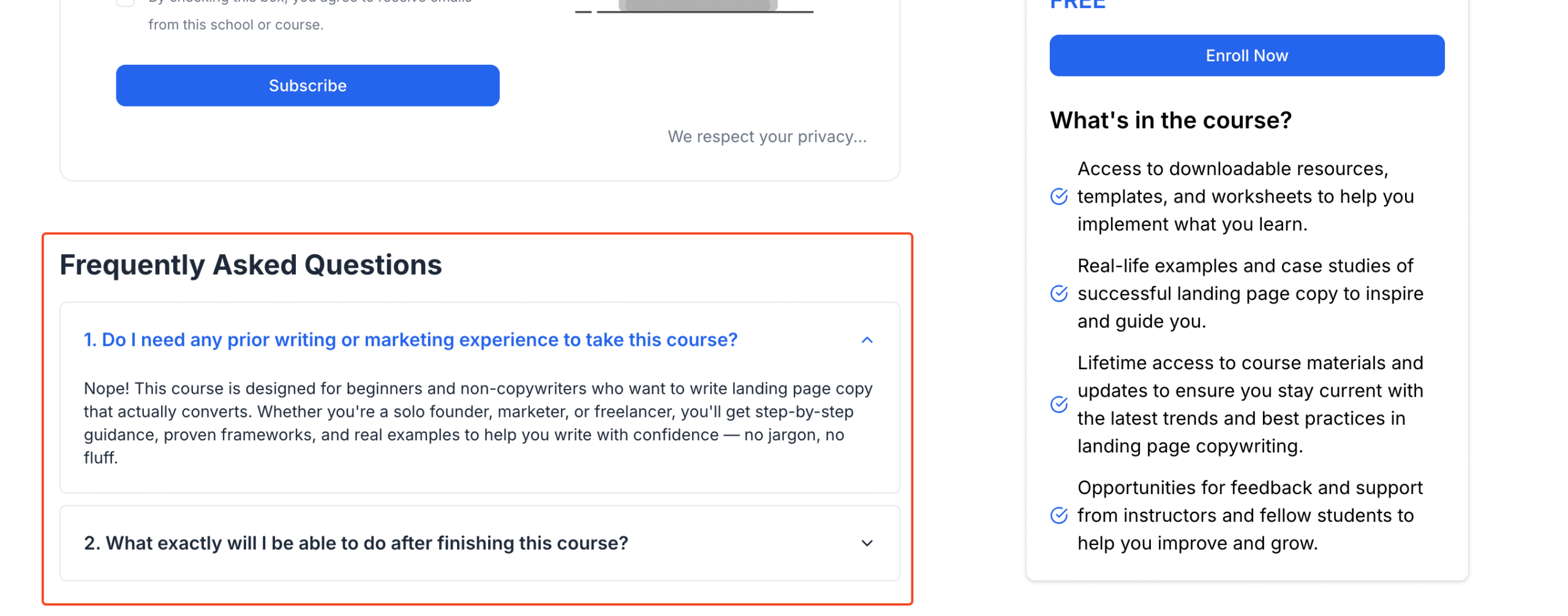 Screenshot of Course Landing page public view of the FAQ section.