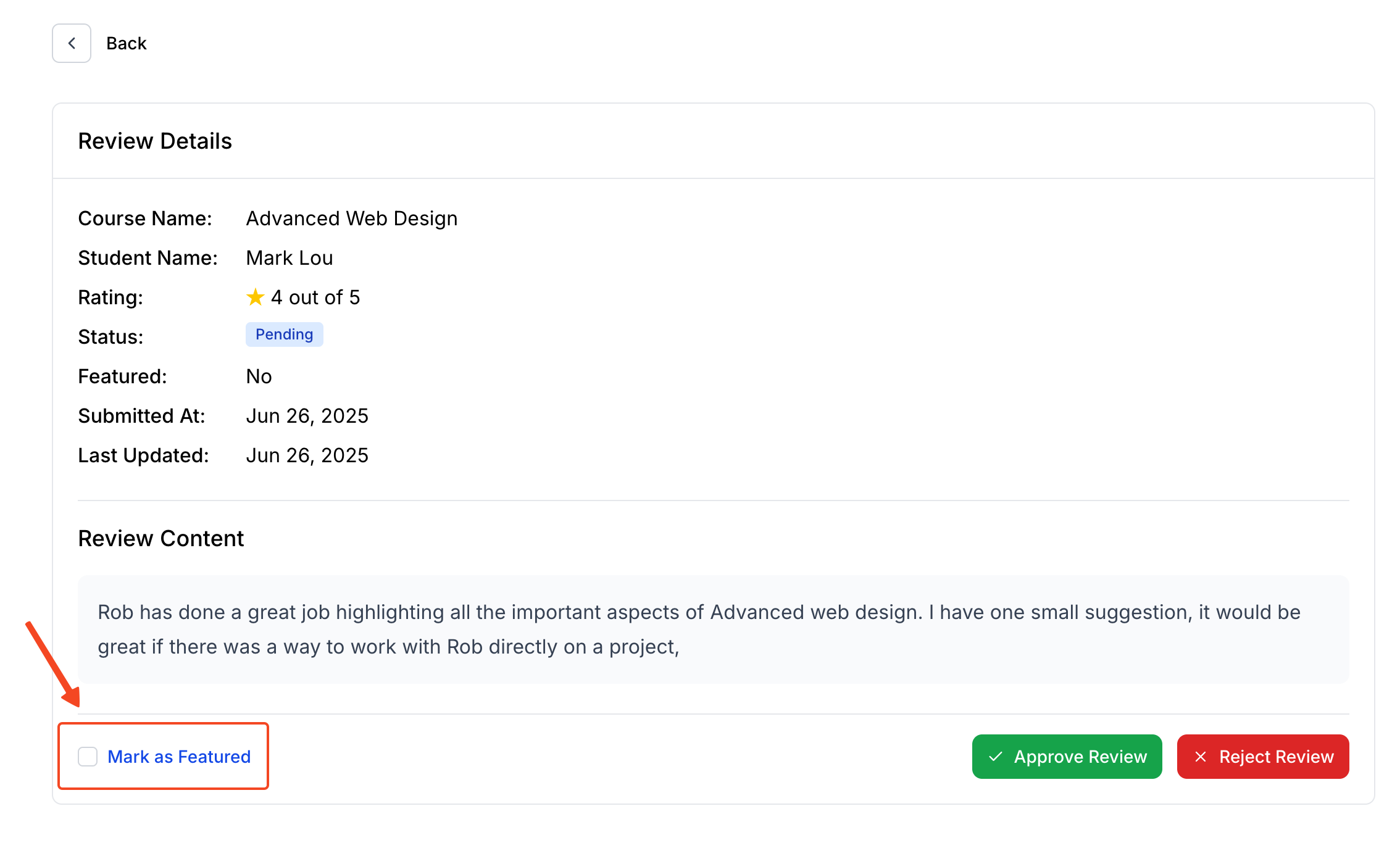 Screenshot of a pending review with the check box to mark the review as features in highlight.