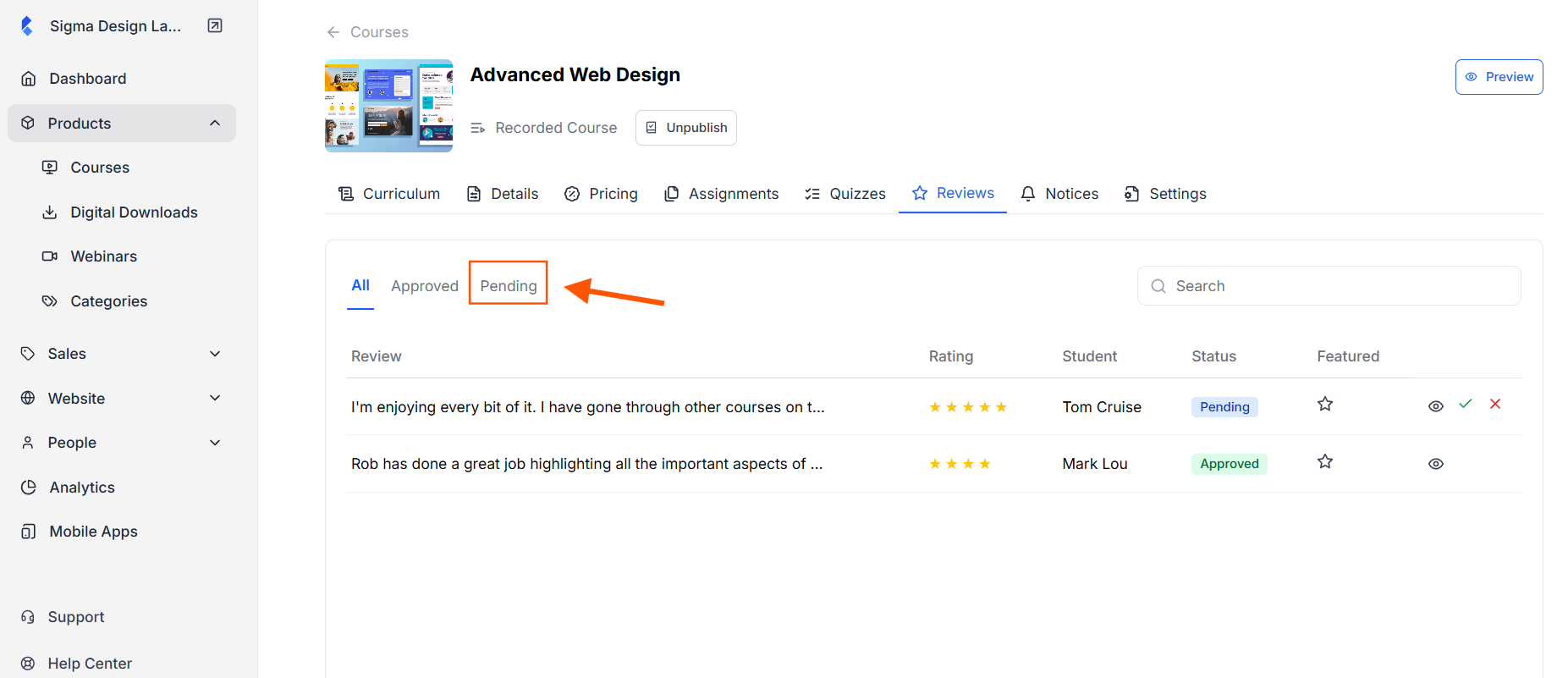 Screenshot of a list of reviews inside the Review tab under the course builder.