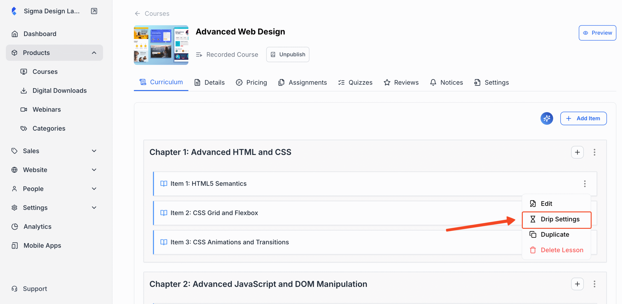 Screenshot of Klasio course builder with the option to go to Drip Settings in highlight