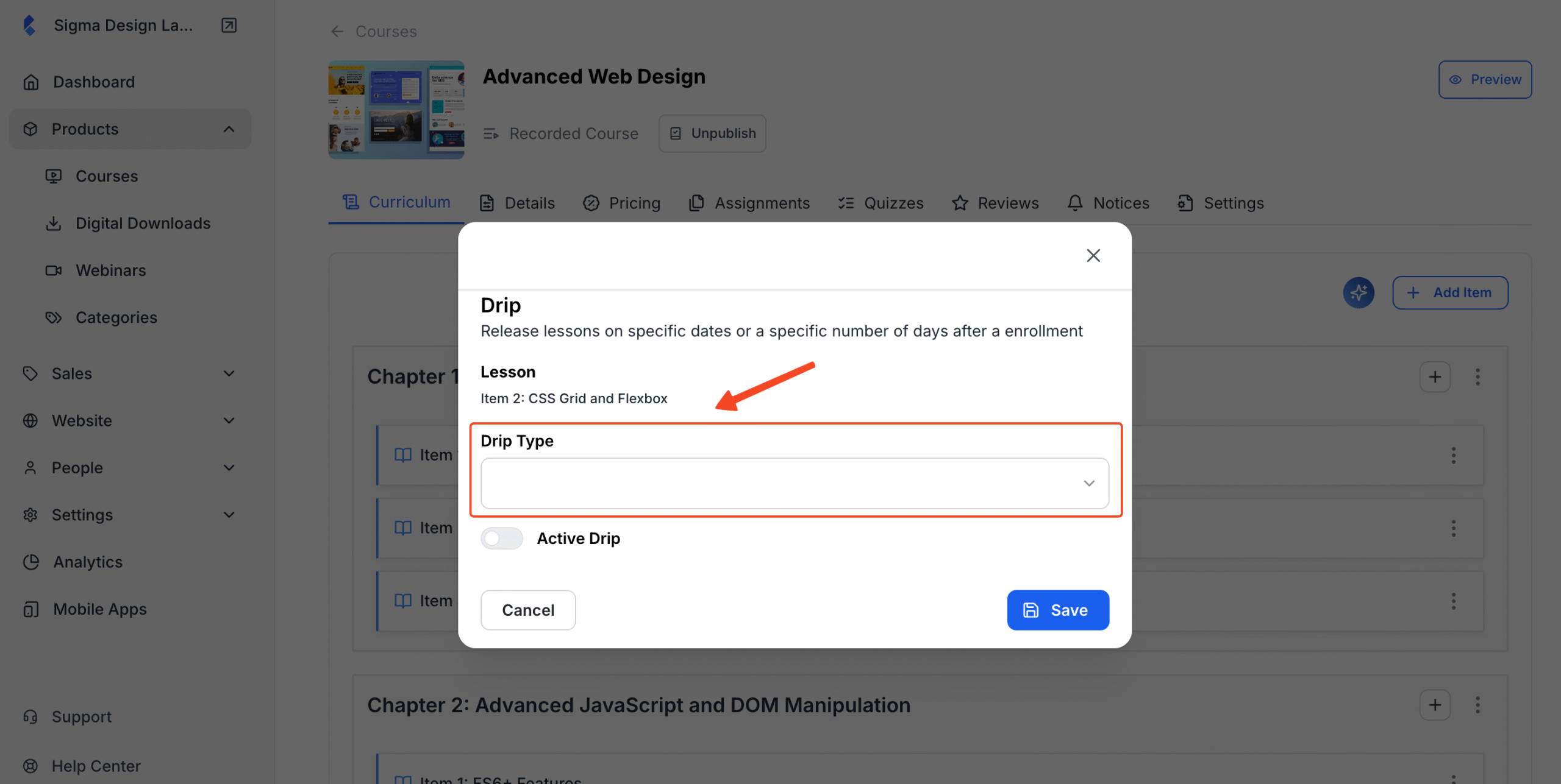 Screenshot of Drip Settings pop up with the option to choose Drip Type in highlight.