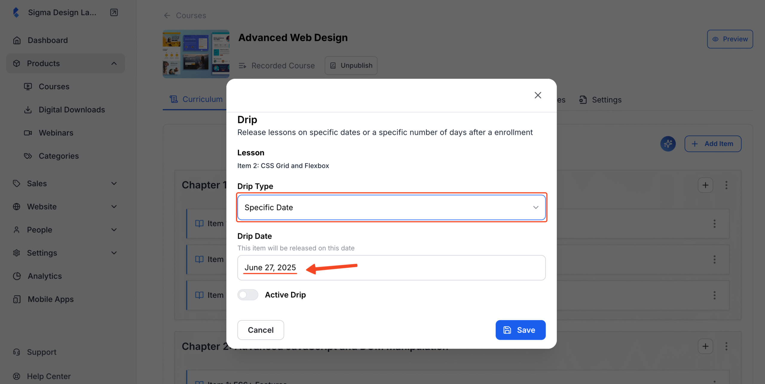 Screenshot of Drip Settings pop up with Specific Date as a selected option in highlight.