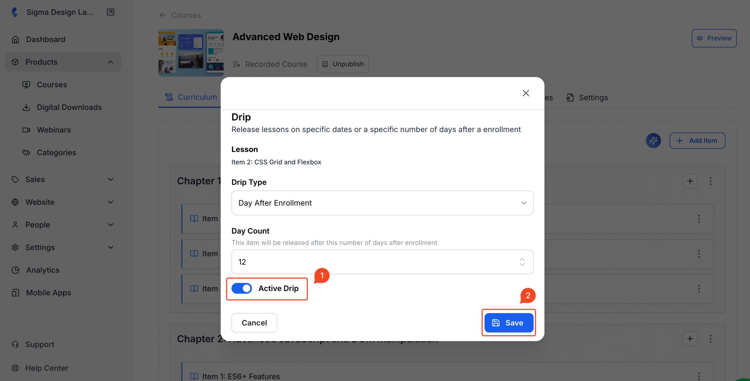 Screenshot of Drip Settings pop up with Active Drip toggle button and Save button in highlight.
