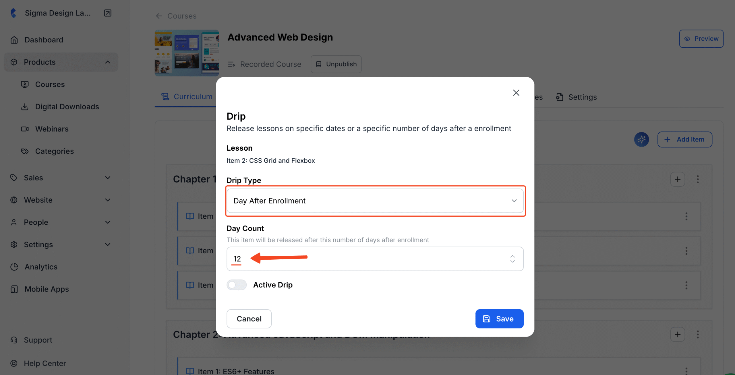 Screenshot of Drip Settings pop up with Day After Enrollment as a selected option in highlight.