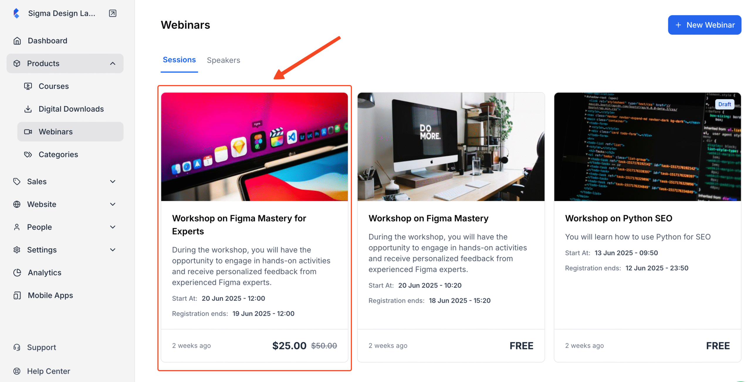 Screenshot of Webinars page with a specific webinar in highlight.