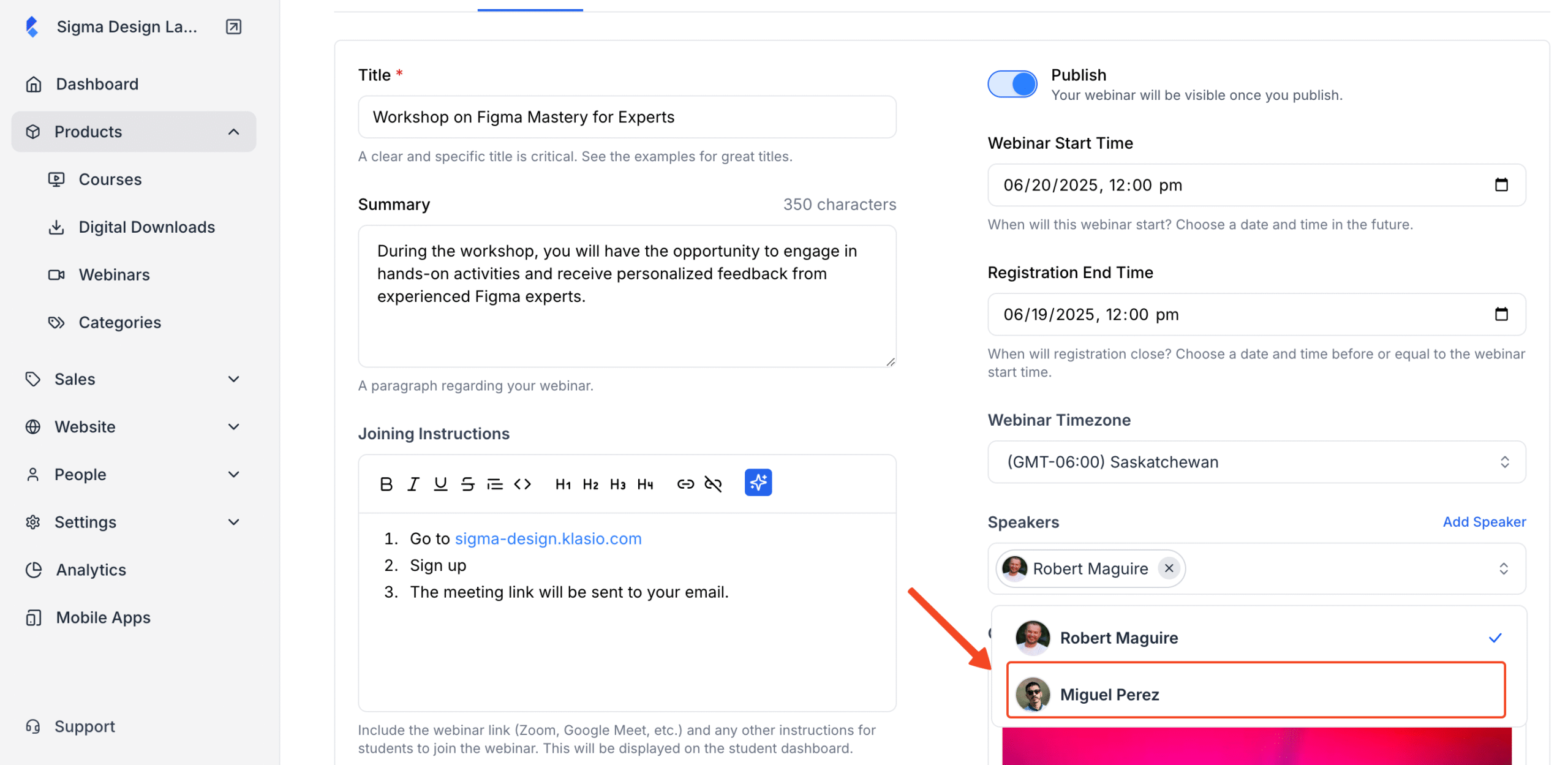 Screenshot of Webinar details editing window with the Speaker list in highlight
