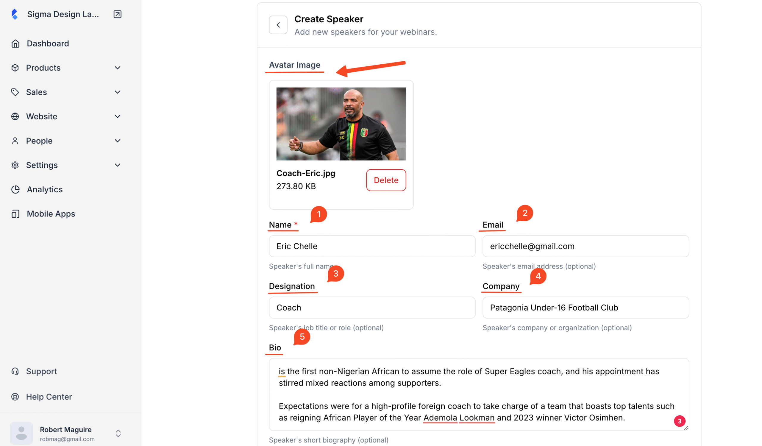 Screenshot of Speaker creation window with the option to add image, name, email, designation, company and speaker bio in highlight
