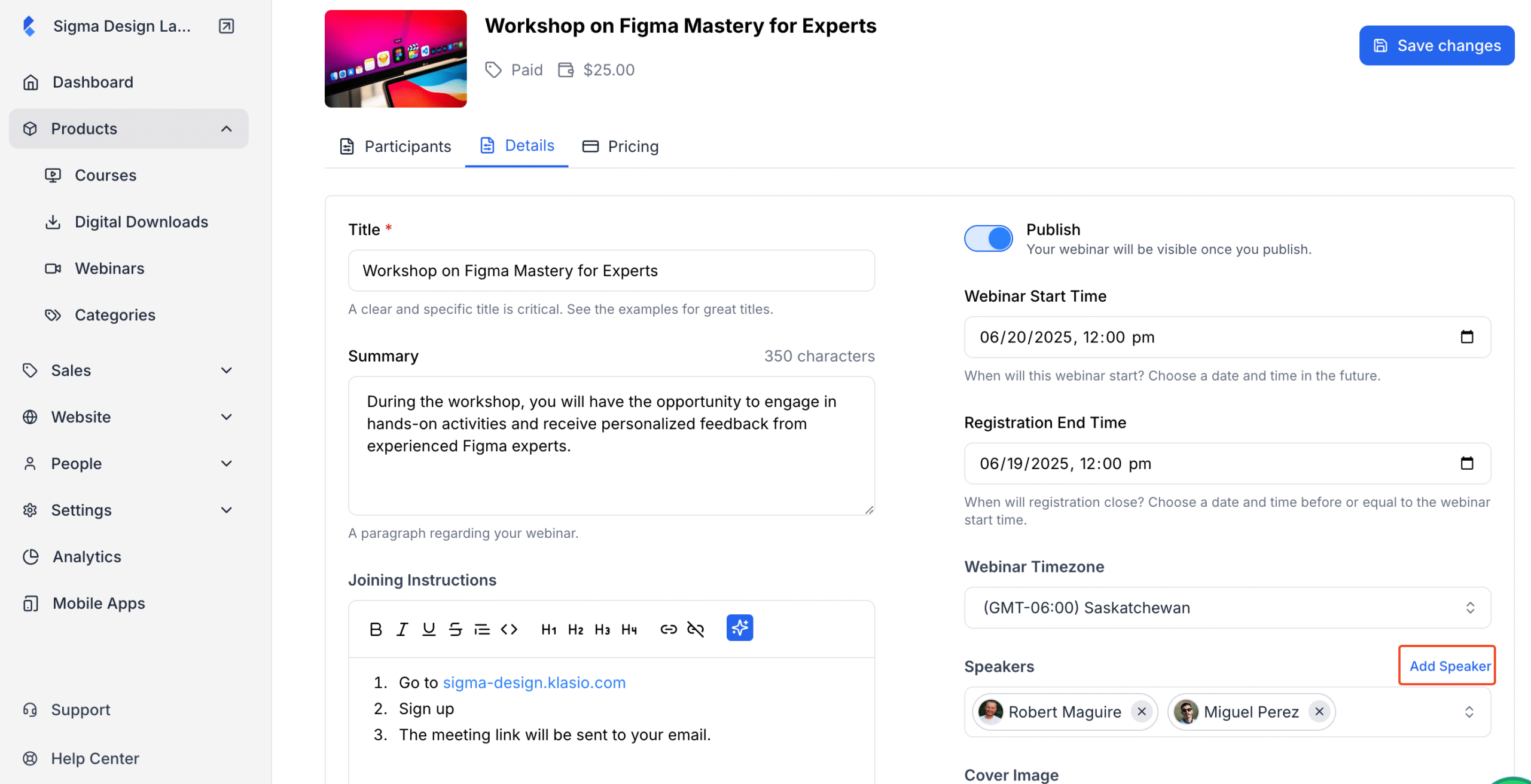 Screenshot  of Webinar details editing window with the Add Speaker button in highglight.