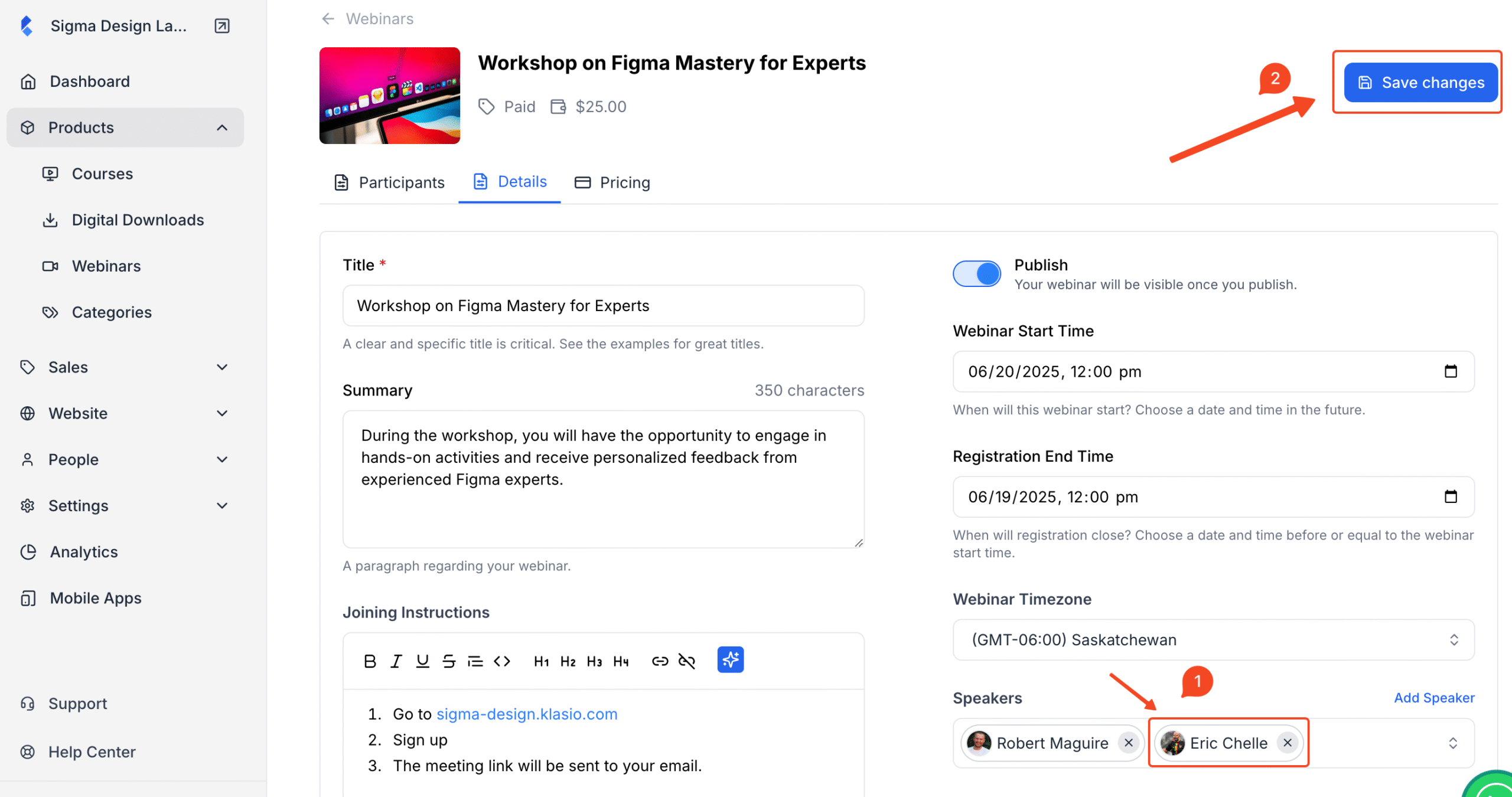 Screenshot of webinar details editing window with the newly added speaker and the Save Changes button in highlight.